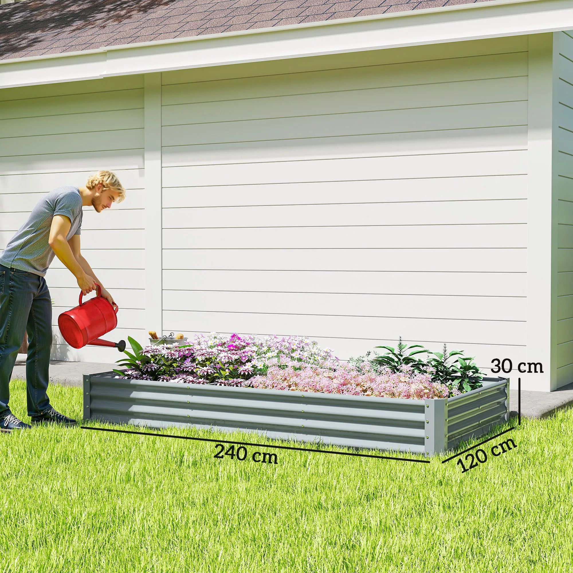 Infografika: pilko cinkuoto metalinio klombo matmenys 240x90x30 cm su skalėmis