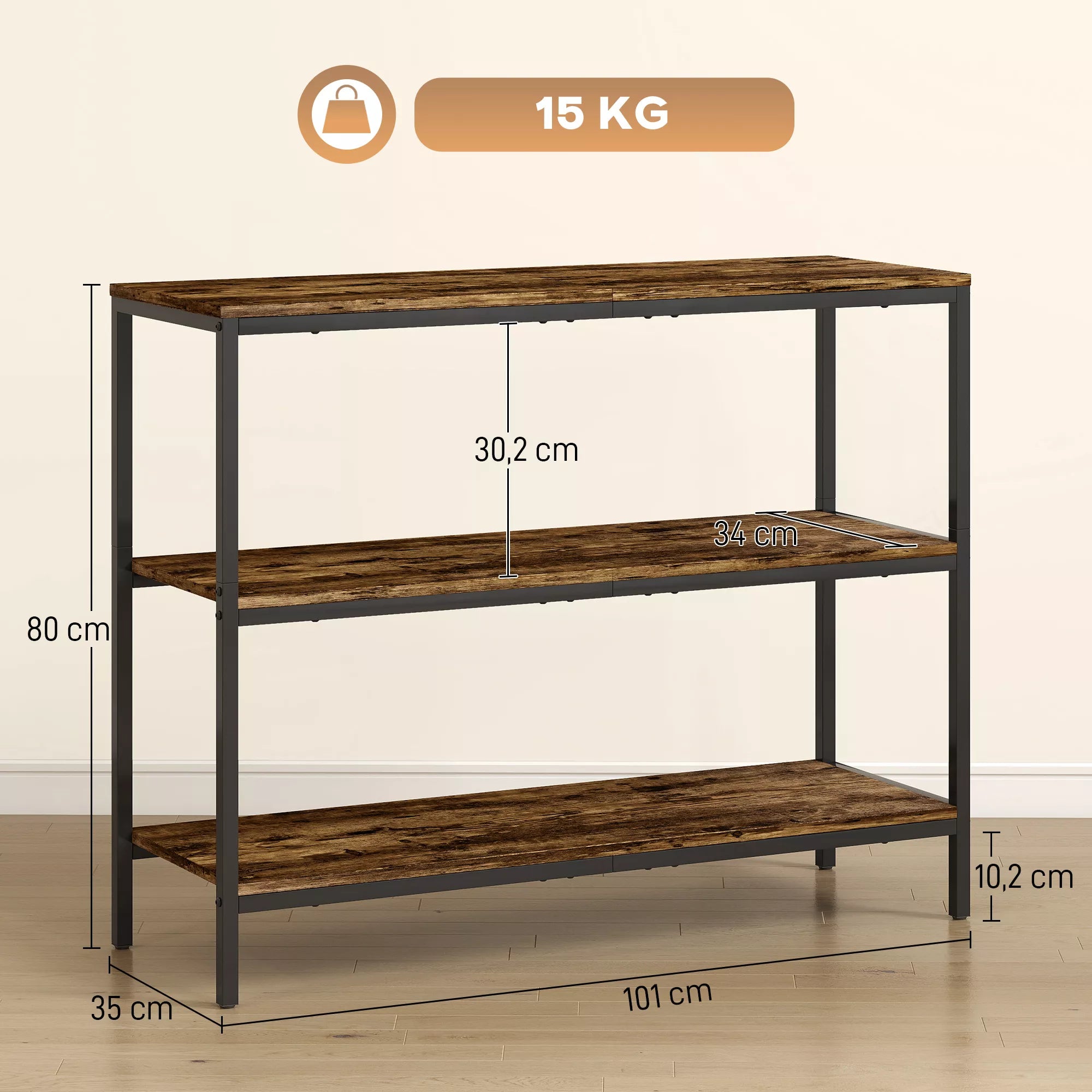 Konsolinis staliukas su 3 lentynomis, 101x35x80 cm, rudas