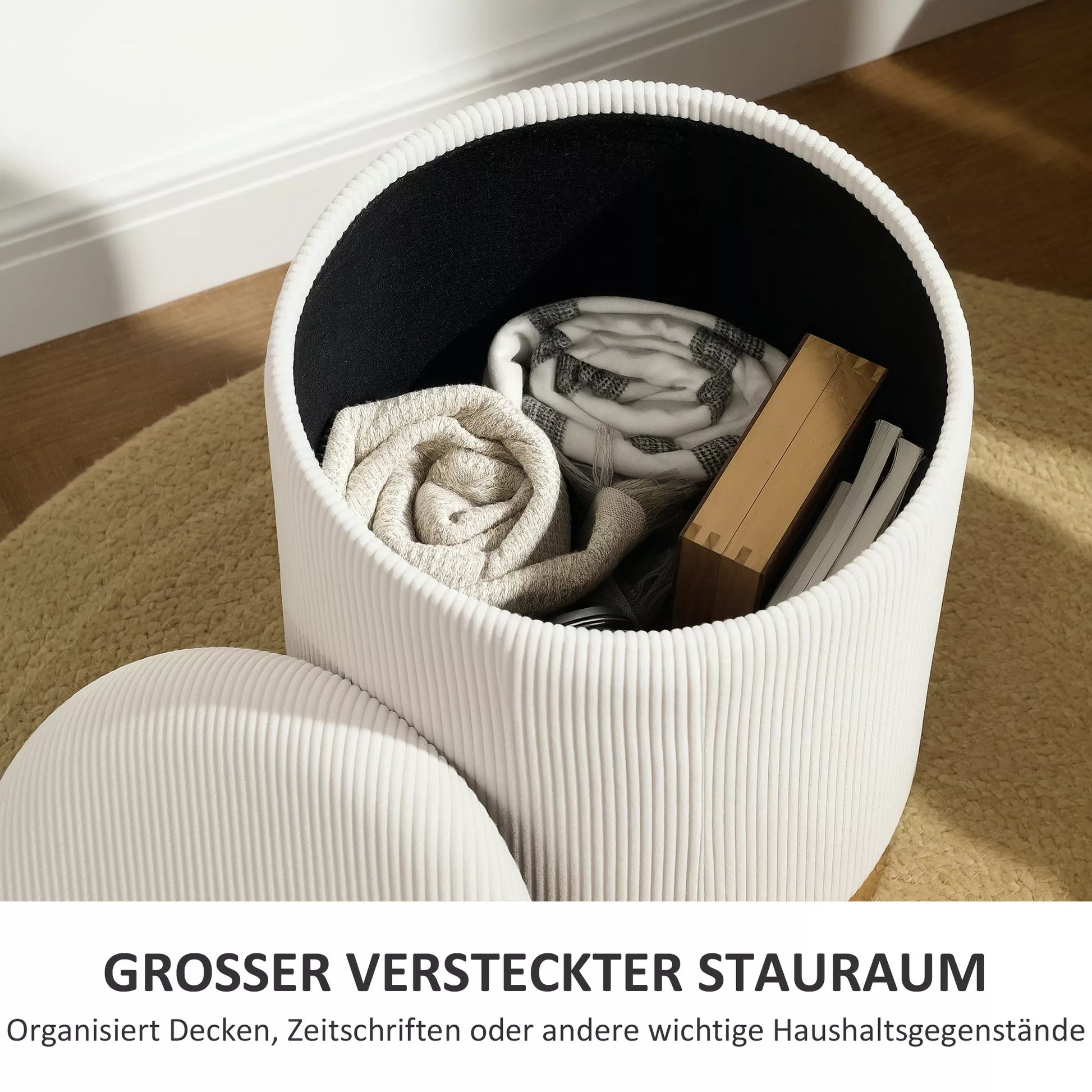 Sėdima taburetė su daiktadėže, sulankstomas pufas su dangčiu, plieniniu pagrindu, apvali taburetė 36 x 36 x 44 cm krembalta