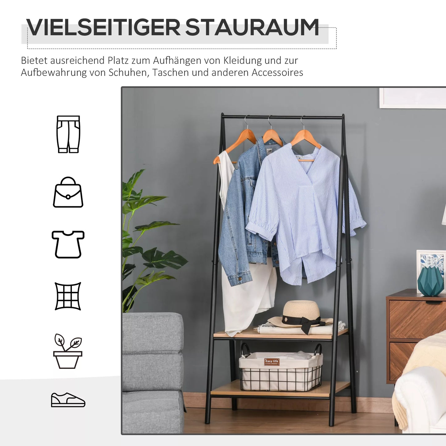 Drabužių kabykla su batų lentyna, metalas + mediena, juoda + natūrali, 64 x 42,5 x 149 cm