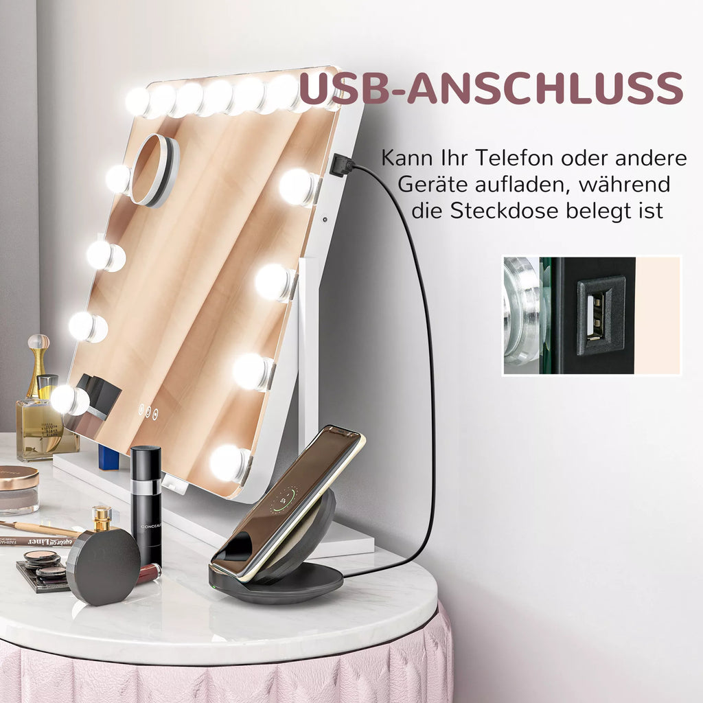 LED kosmetinis veidrodis, 3 apšvietimo režimai, reguliuojamas apšvietimas, jutiklinis valdymas, USB, 62,5 x 49,5 cm, baltas