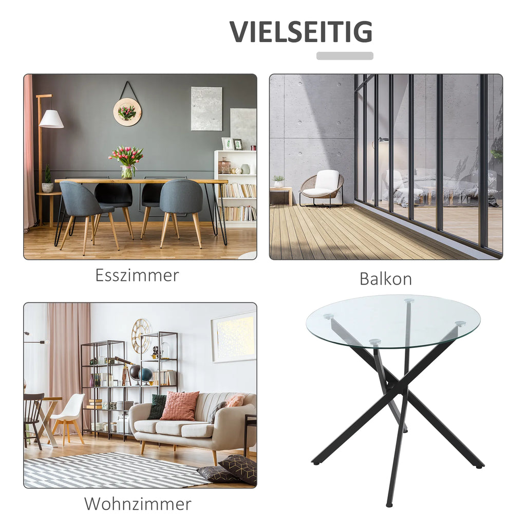 Modernus stiklinis valgomojo stalas, 80 cm skersmens, virtuvės stalas su grūdintu stikliniu stalviršiu ir metalinėmis kojomis, skirtas 4 asmenims.