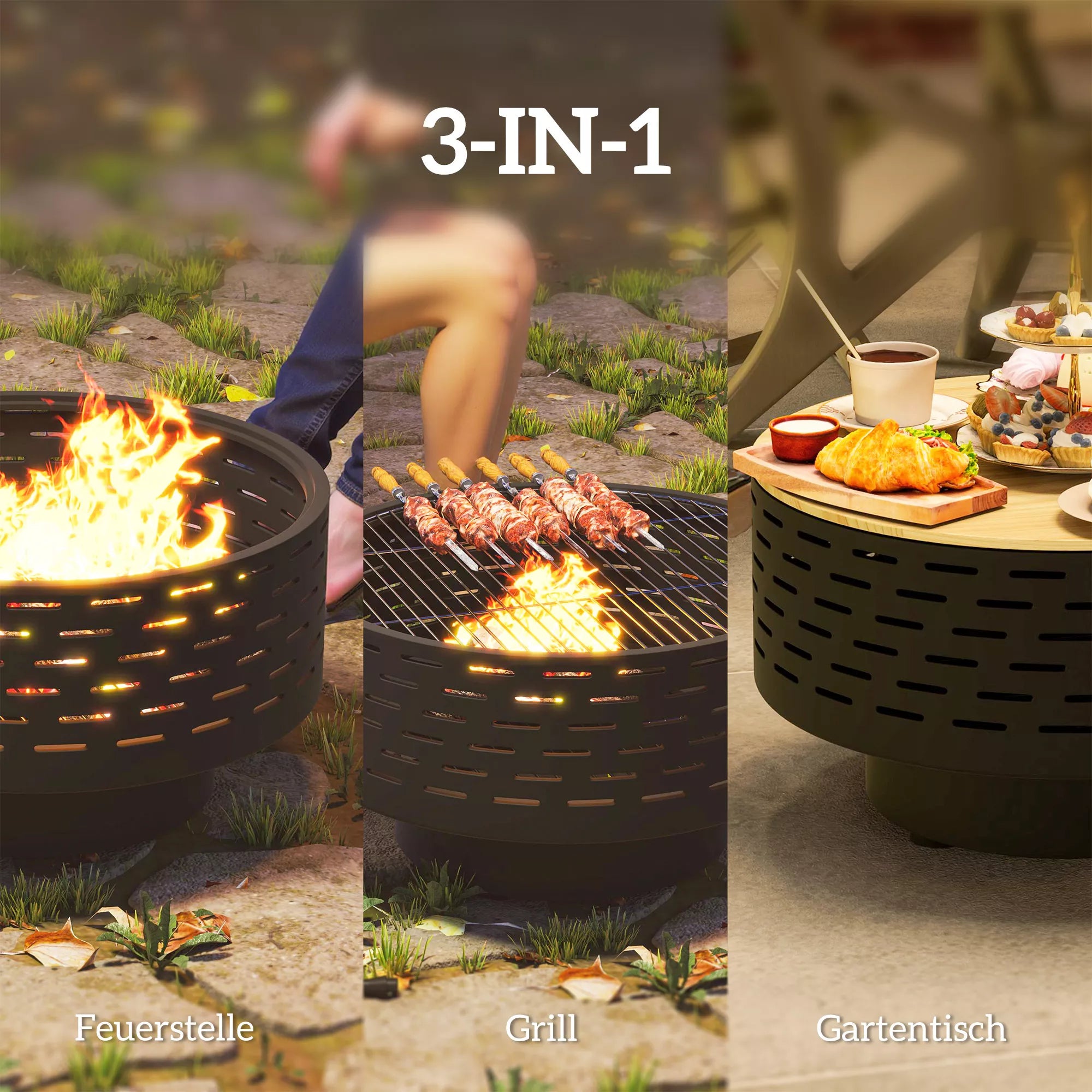 3-in-1 ugnies dubuo Ø60 x 39 cm iš nerūdijančio plieno Ugnies vieta su grotelėmis Ugnies apsauga Kūrenimo kirtiklis Anglies pilkos spalvos