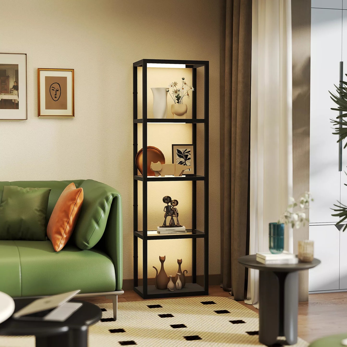 LED grindinis šviestuvas su 4 pakopų lentyna, šviečianti lentyna su 4 stiklinėmis lentynėlėmis, kojinis jungiklis, MDF, juoda spalva