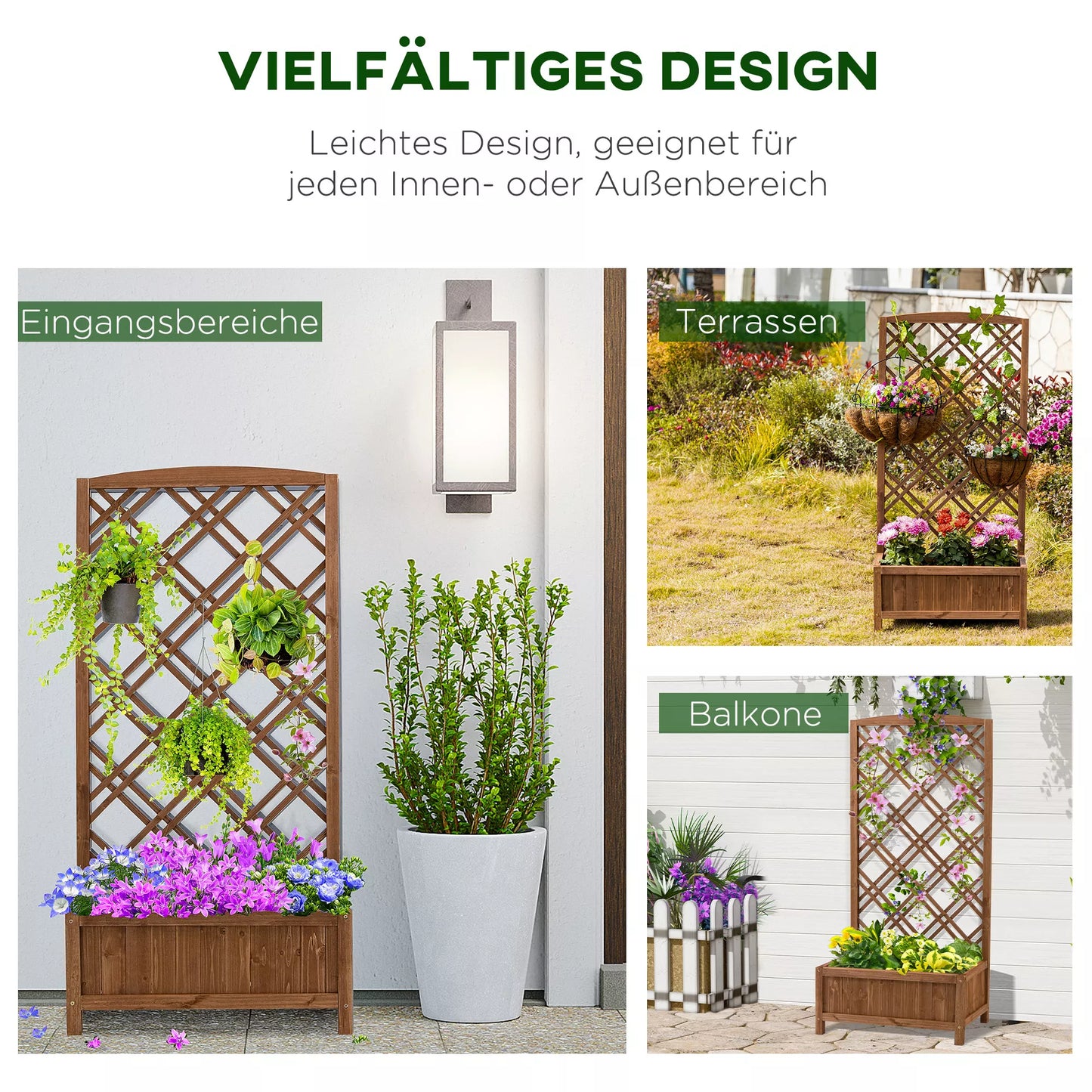 Pakeltas lysvės gėlių stovas, sodo augalų dėžė su medinėmis atraminėmis grotelėmis, geltonas, 60 x 30 x 122,5 cm