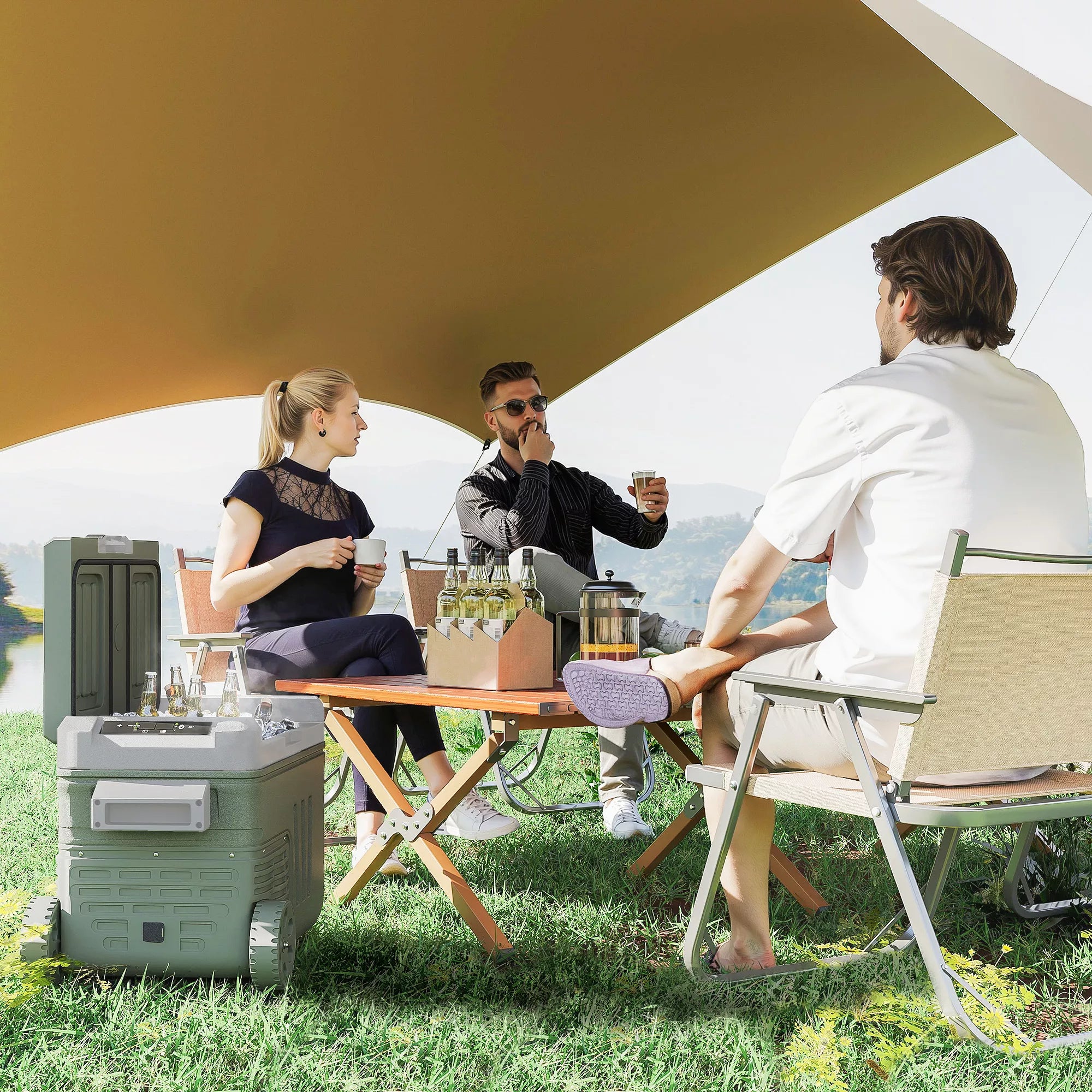 33 l kempingo šaldytuvas, kelioninis šaldiklis, nešiojamas automobilinis šaldytuvas su 2 skyrius ir ratukais, plastikinis, žalias