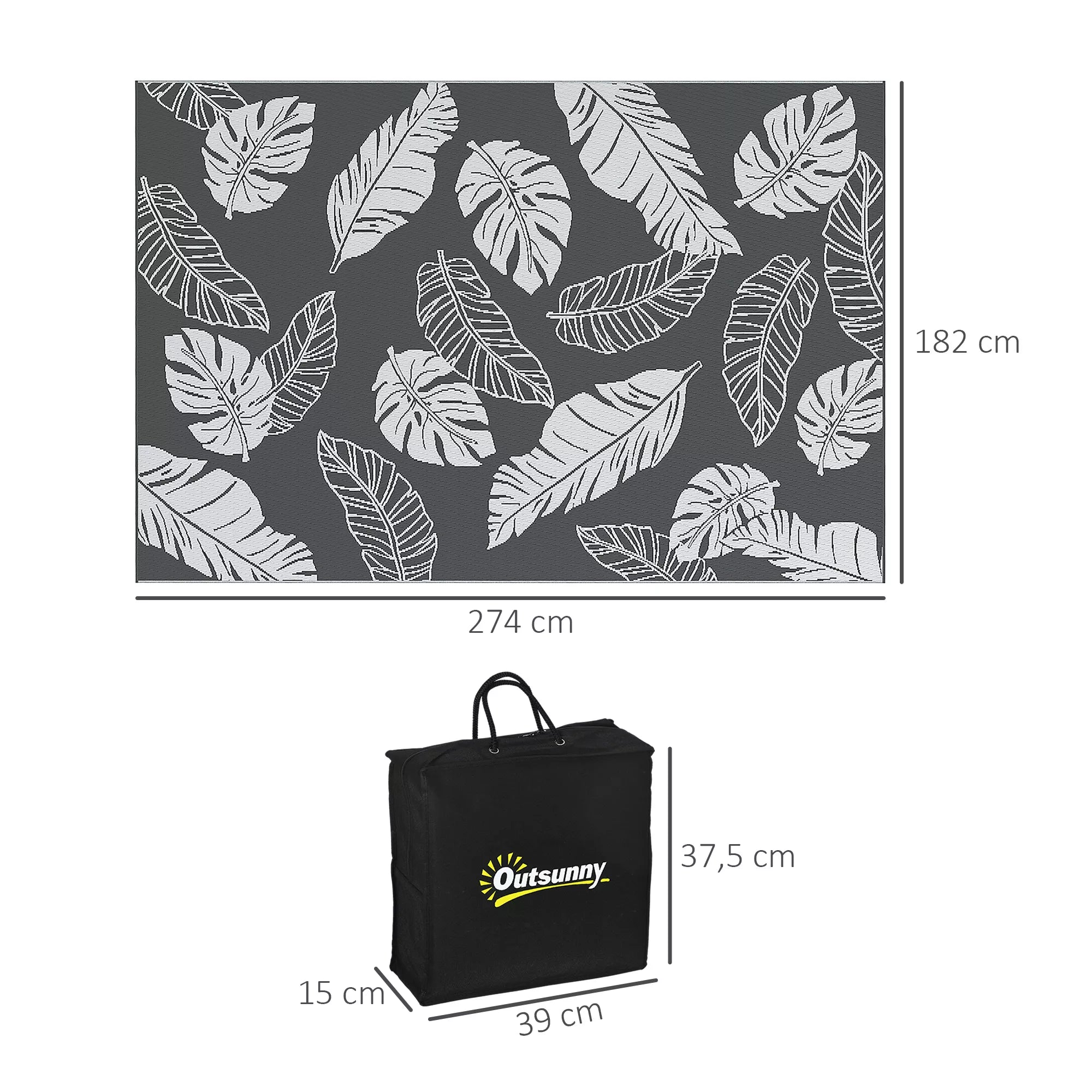 Lauko kilimas, atsparus vandeniui, lapų raštas, 182x274 cm, pilkos/baltos spalvos