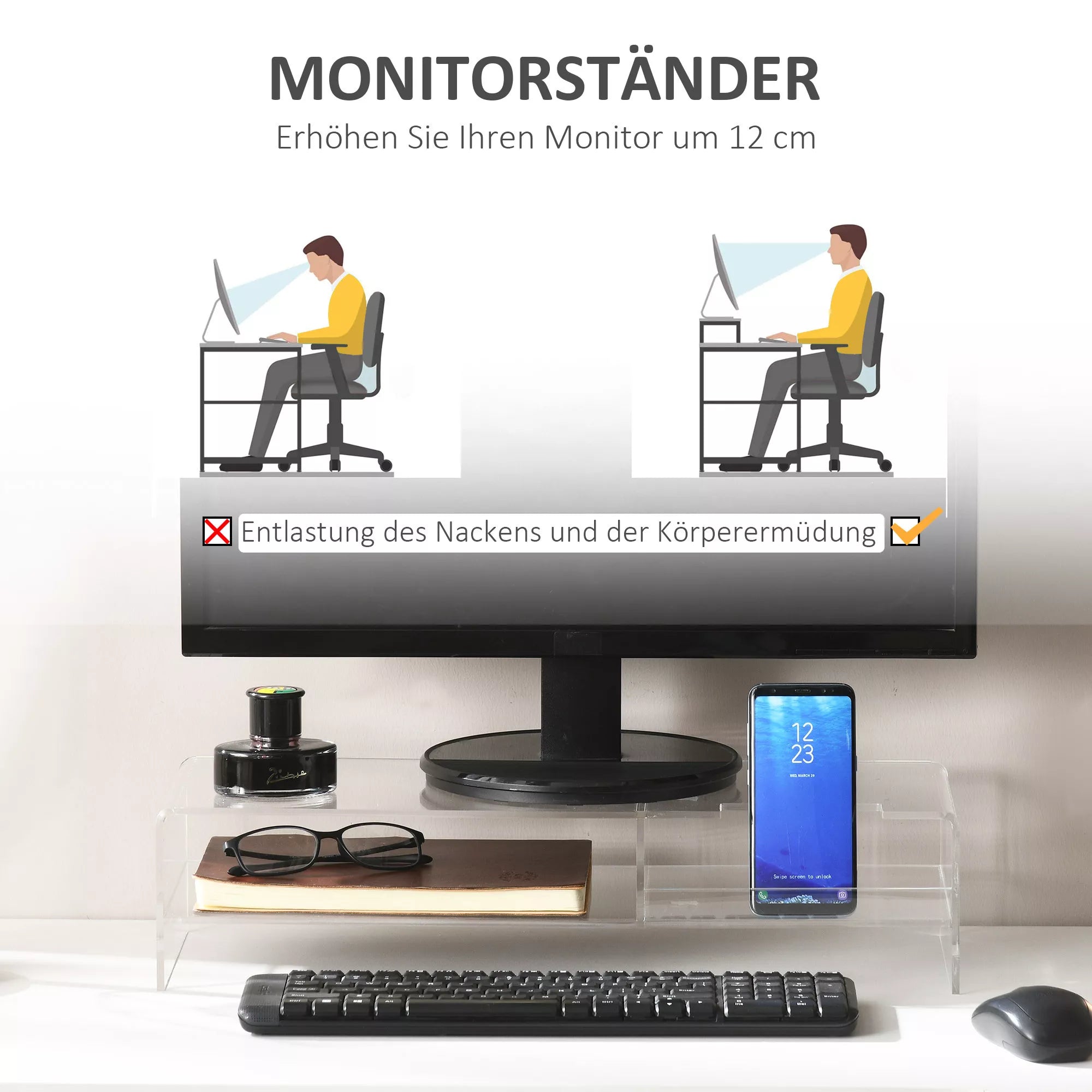 Monitorių stovas su klaviatūros dėklu, skaidrus, skirtas iki 24 colių monitoriams, 2 lygiai, akrilas, 50,8 x 19 x 12 cm