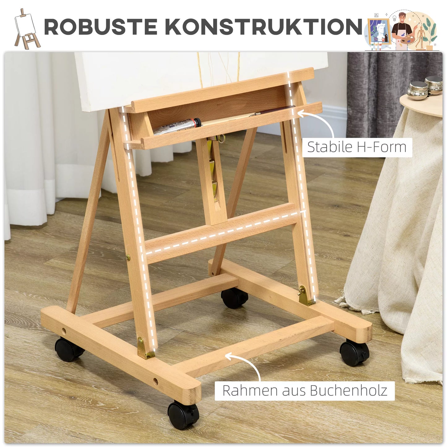 Molbertas, Tapytojo molbertas, Aukščiui reguliuojamas, su 4 ratukais, Natūralus + Juodas