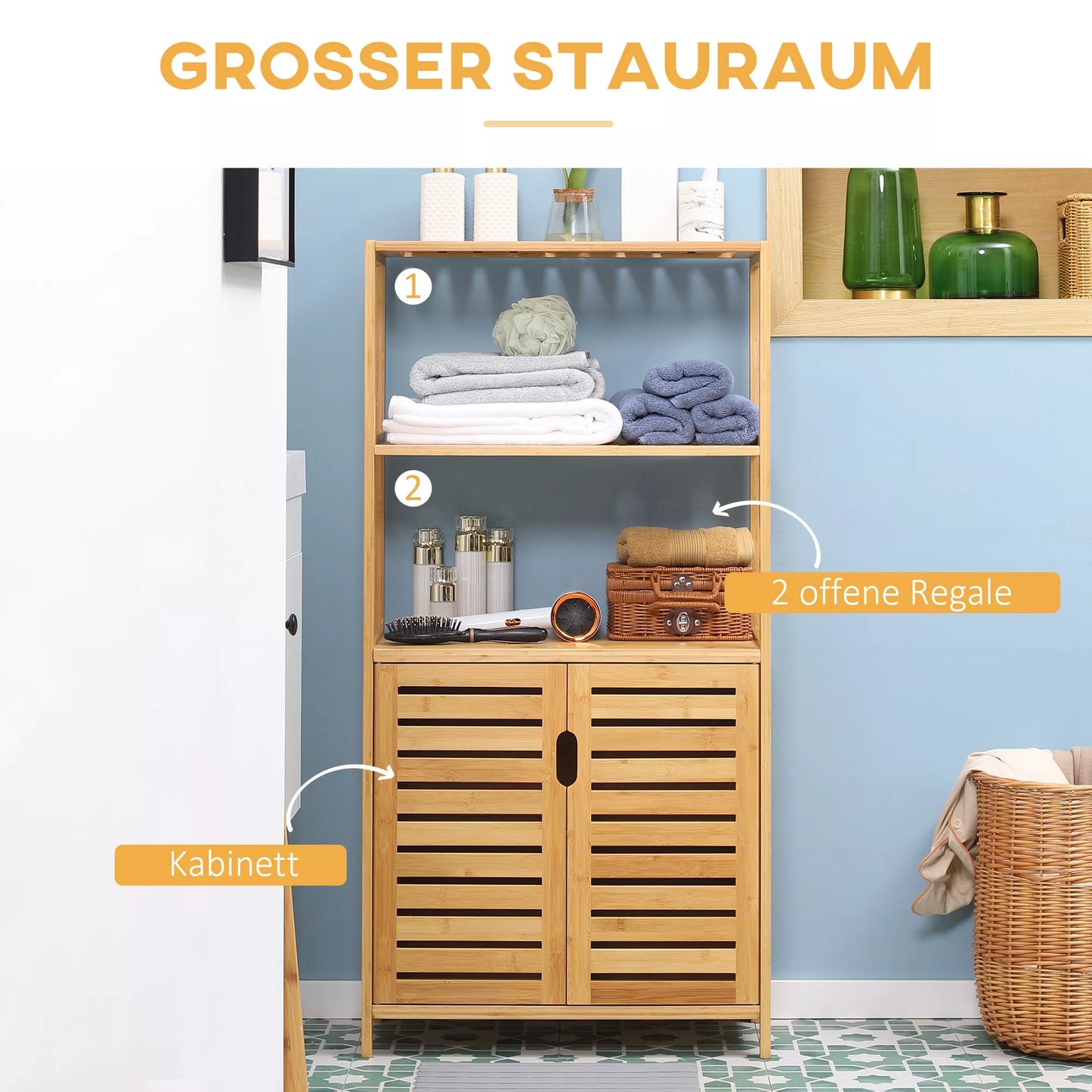 Vonios spintelė, vonios komoda su lamelinėmis durimis, vonios lentyna, bambuko mediena, natūrali mediena