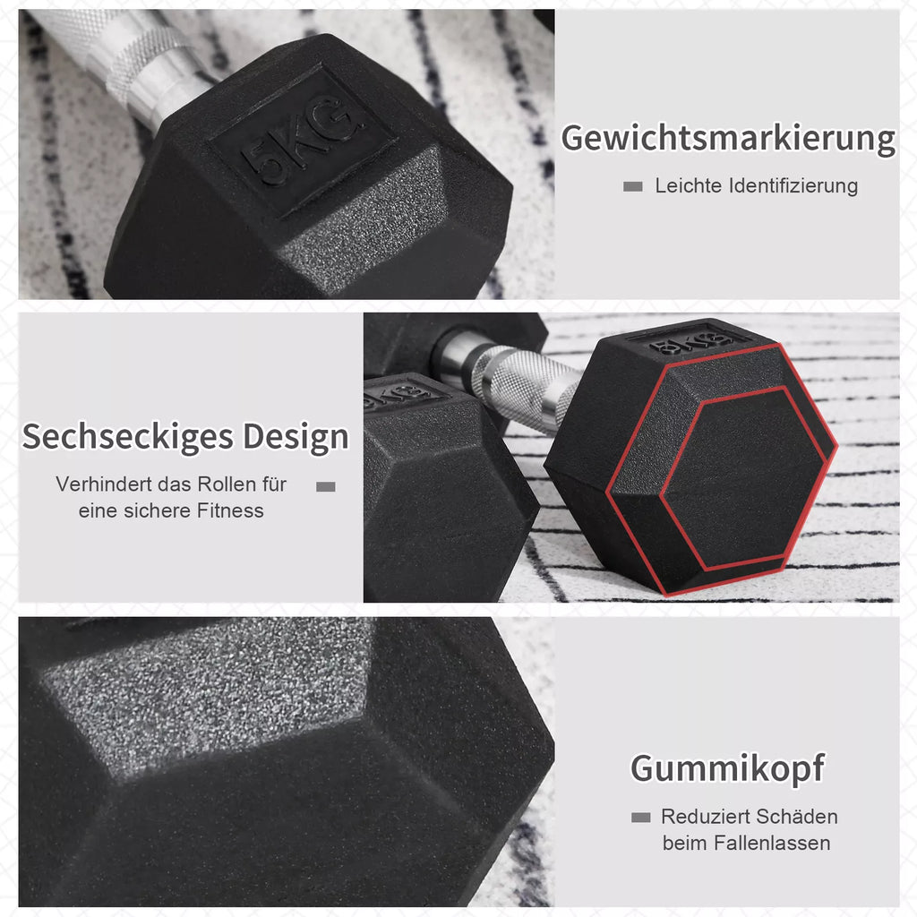 Hexagon hantels, 2 vnt. hantelių rinkinys su raižytu rankenėle, ketaus hantelių rinkinys, 2 x 5 kg, hanteliai vyrams ir moterims, namams, sporto salėms, jėgos treniruotėms