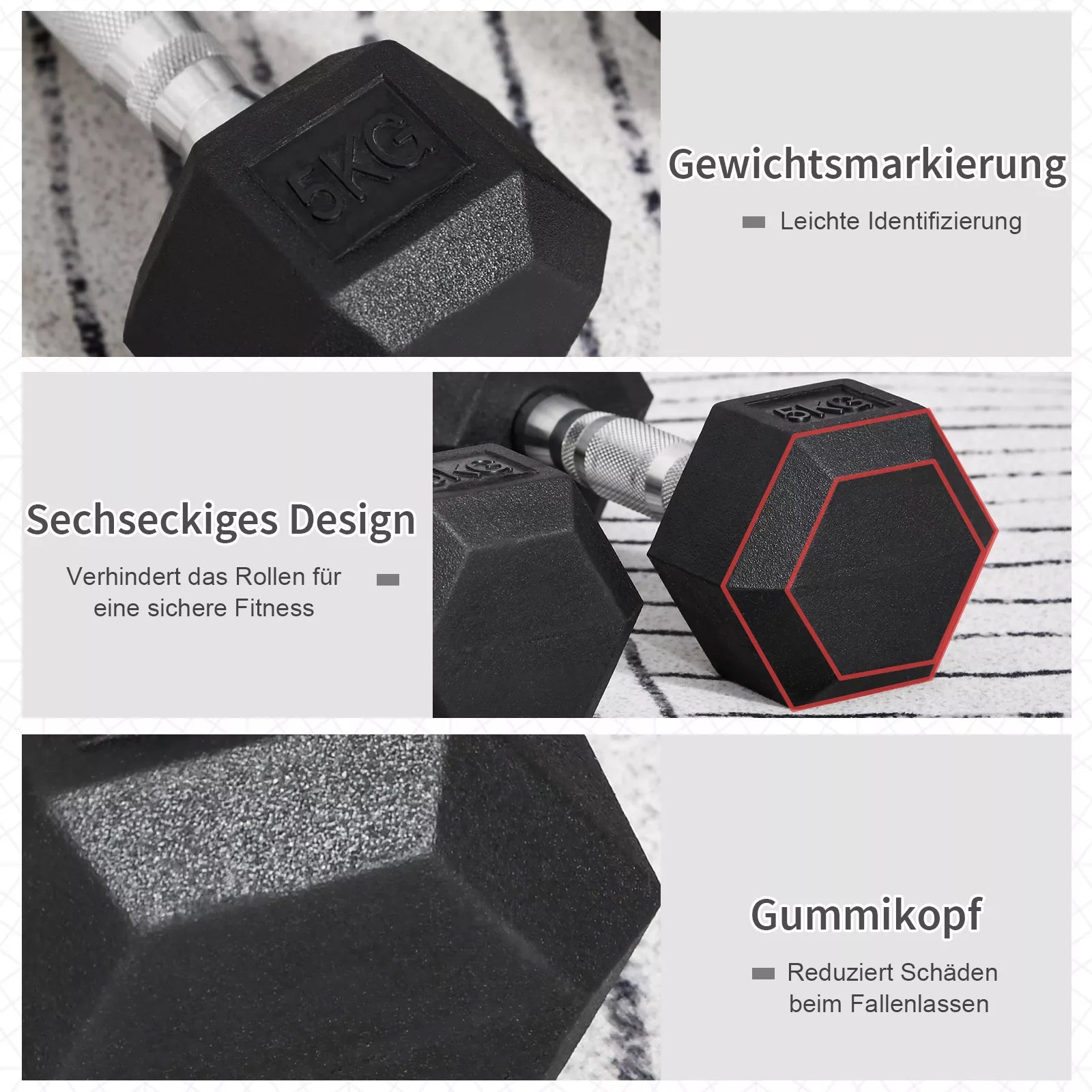 Hexagon hantels, 2 vnt. hantelių rinkinys su raižytu rankenėle, ketaus hantelių rinkinys, 2 x 5 kg, hanteliai vyrams ir moterims, namams, sporto salėms, jėgos treniruotėms