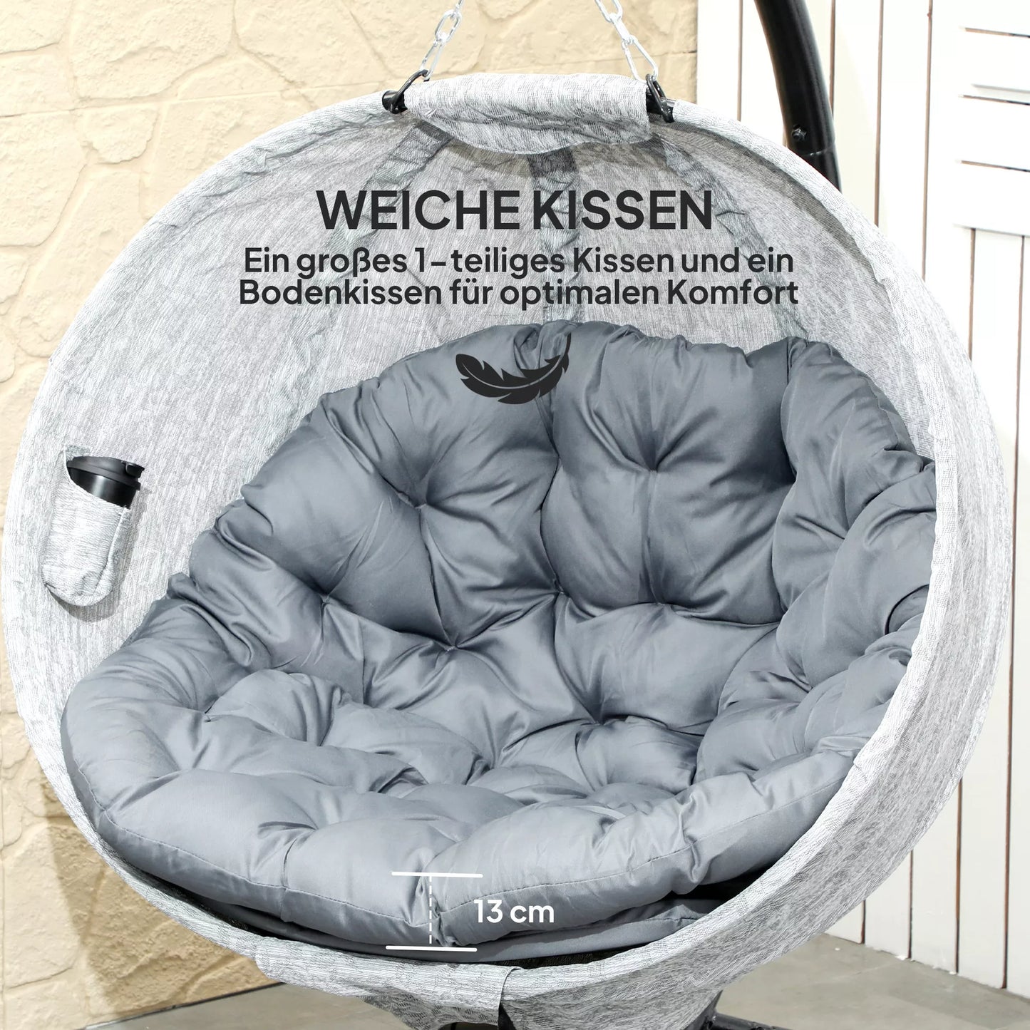 Kiaušinio formos pakabinamas krėslas su supimosi funkcija ir sulankstomu krepšiu, sodo kėdė, puodelio laikiklis, pilkos spalvos