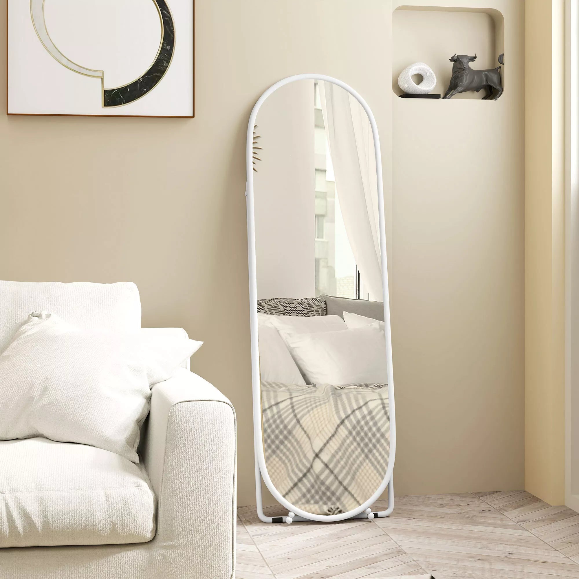 Viso kūno veidrodis, ovalo formos, laisvai stovintis, metalinis rėmas, 40x160cm, spalva: balta