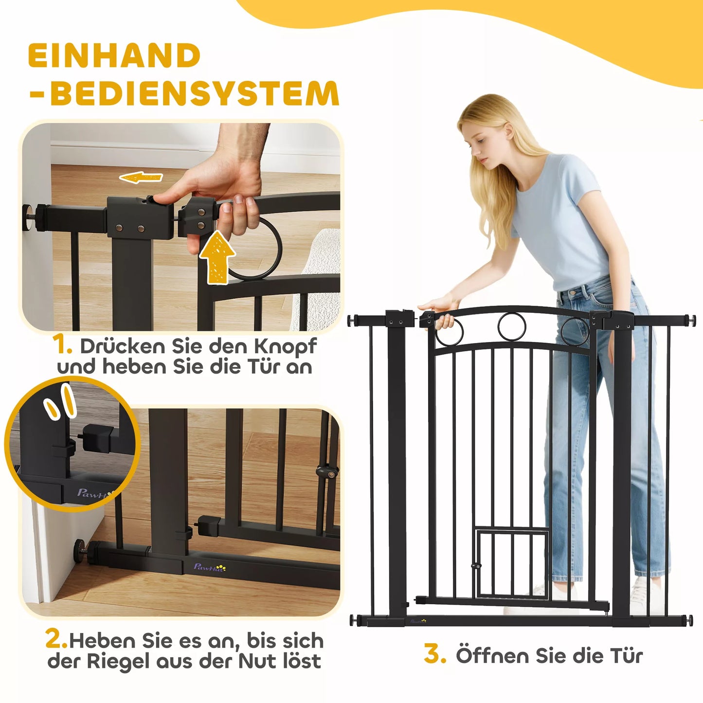 Gyvūnėlių varteliai, 96 cm laiptų apsauginiai varteliai, reguliuojamas plotis 76–104 cm, su katės durelėmis, laiptams ir durų angoms, juodi