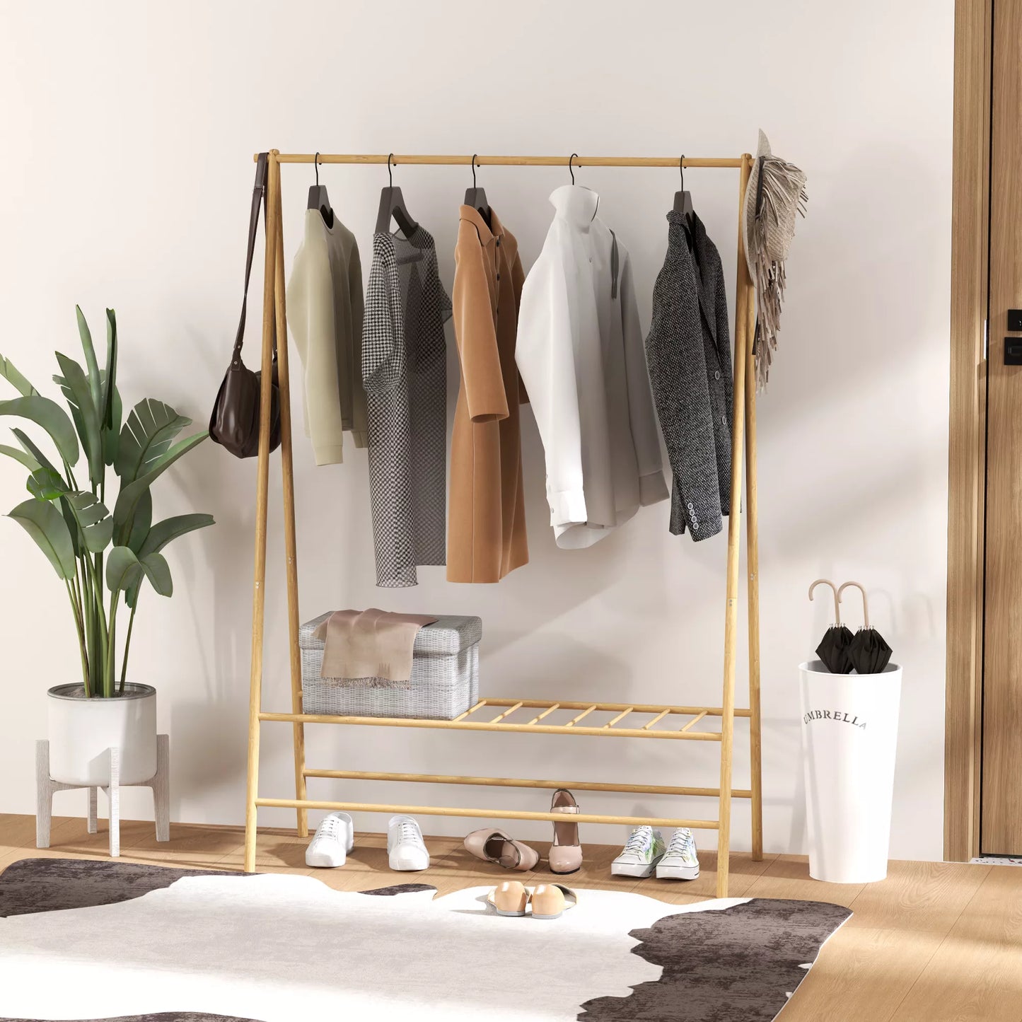 Bambukinis drabužių stovas su batų lentyna ir kabliukais, laisvai pastatomas, prieškambariui, miegamajam, natūralaus medžio