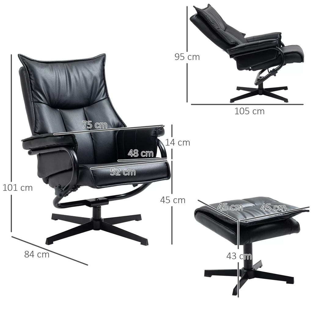 Infografika su juodo fotelio matmenimis: 84 cm plotis, 101 cm aukštis, 43x45 cm taburetė