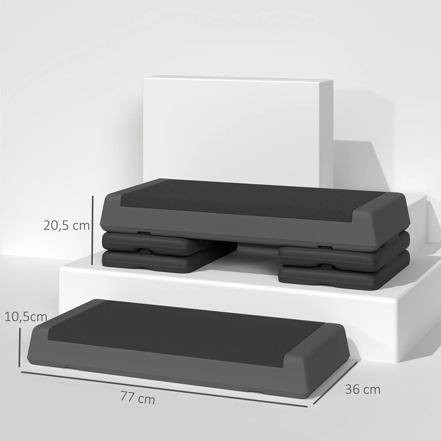 Aukščio reguliuojamas fitneso steperis, neslystantis, tinkamas naudoti namuose, sporto salėje arba biure, plastikas, pilkas