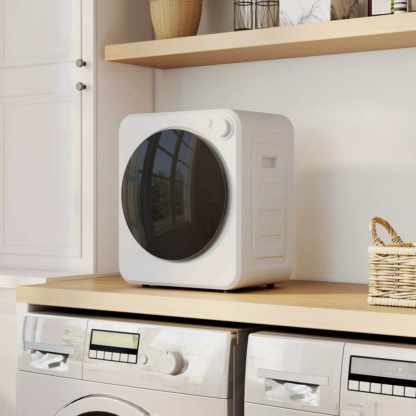 Mini džiovyklė su penkiomis programomis, ventiliacinė būgninė džiovyklė, nerūdijantis plienas, 4 kg, balta