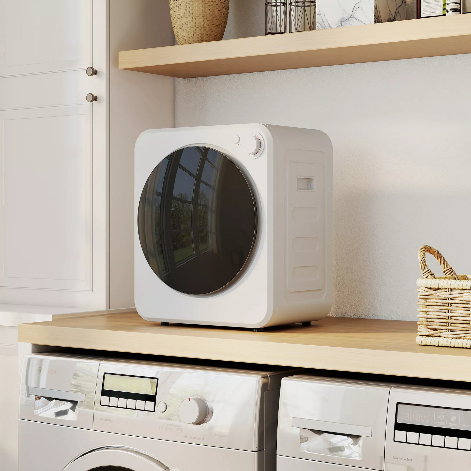 Mini džiovyklė su penkiomis programomis, ventiliacinė būgninė džiovyklė, nerūdijantis plienas, 4 kg, balta