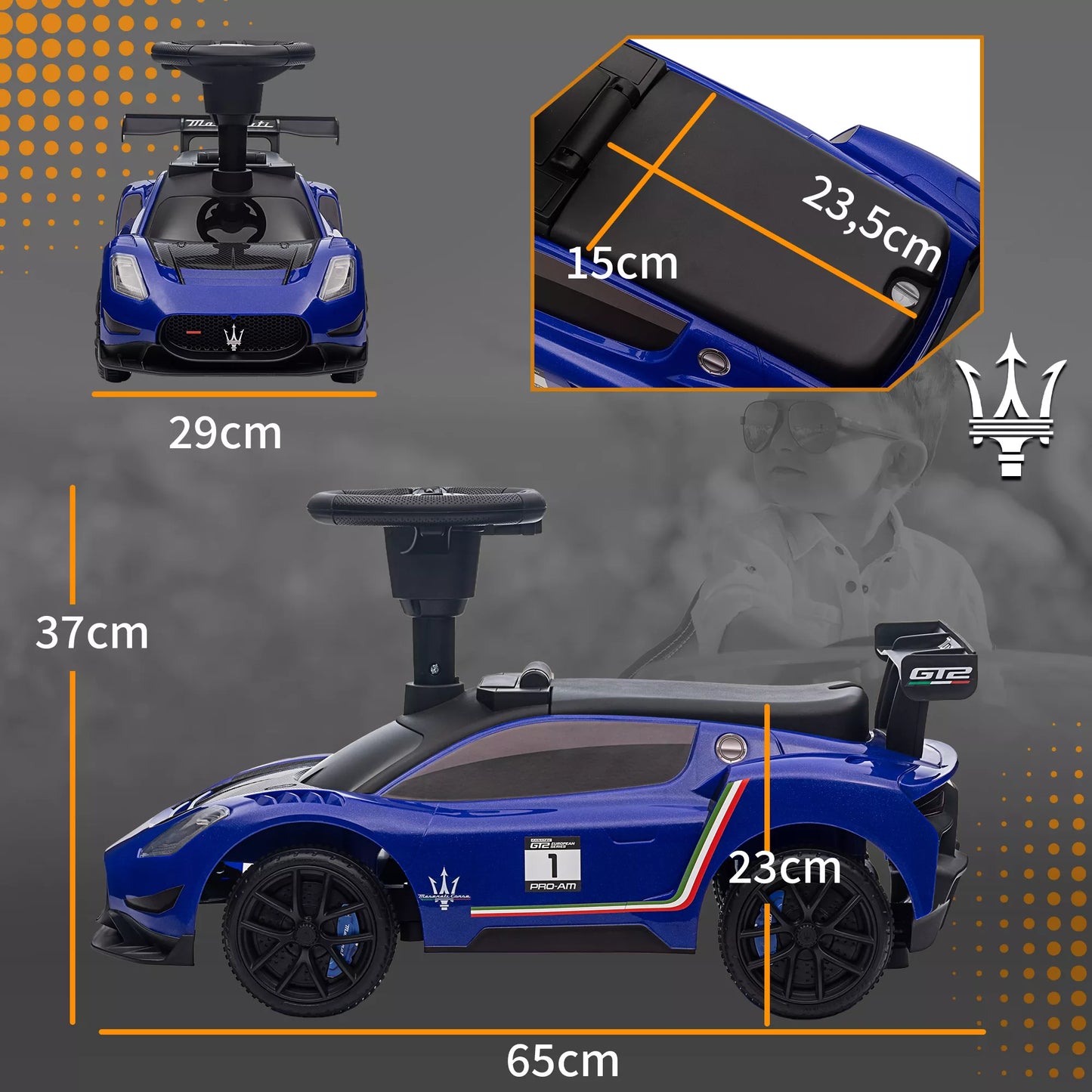 Vaikiškas paspiriamasis automobilis, licencijuota transporto priemonė, interaktyvūs garso signalo ir muzikos mygtukai, pagamintas iš plastiko ir plieno, mėlynos spalvos, išmatavimai 65 x 29 x 37 cm