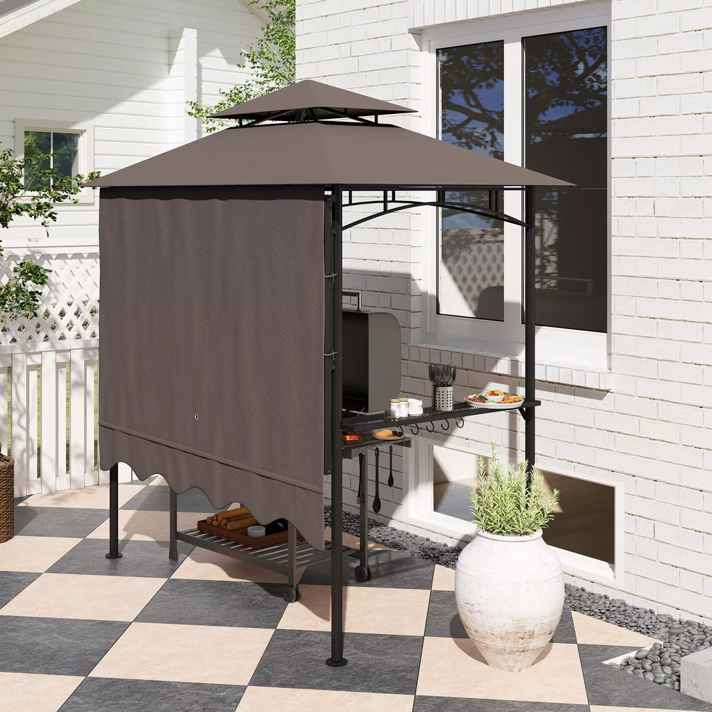 Grill paviljonas 242x149x248 cm, atsparus vandeniui, ugniai atsparus sodo paviljonas su dvigubu stogu, kavos spalvos