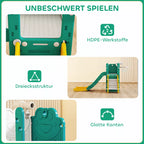 Infografika apie žalio 5-in-1 komplekso saugias HDPE medžiagą ir trikampę konstrukciją