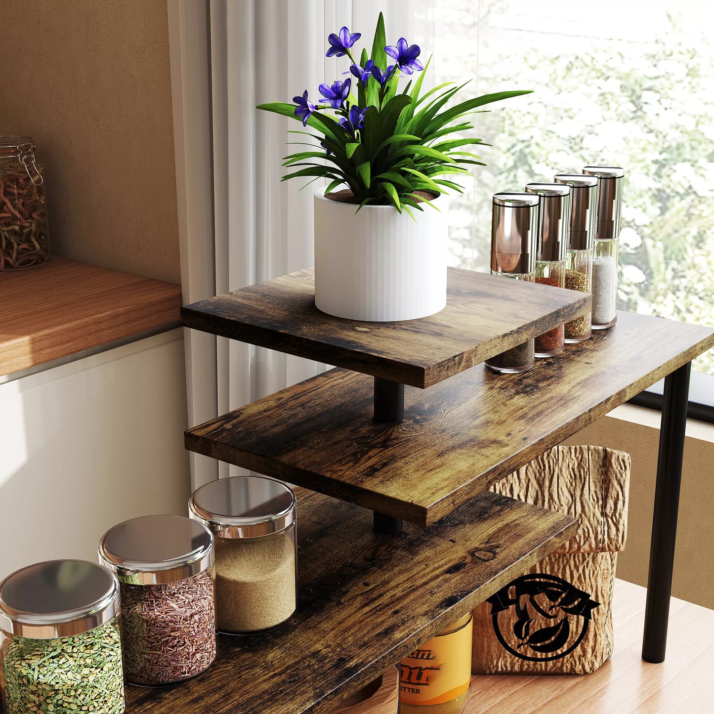 Virtuvės lentyna, besisukanti mikrobangų krosnelės lentyna su 3 pakopomis, pramoninio stiliaus metalinė pastatoma lentyna, 40 x 18 x 36,5 cm