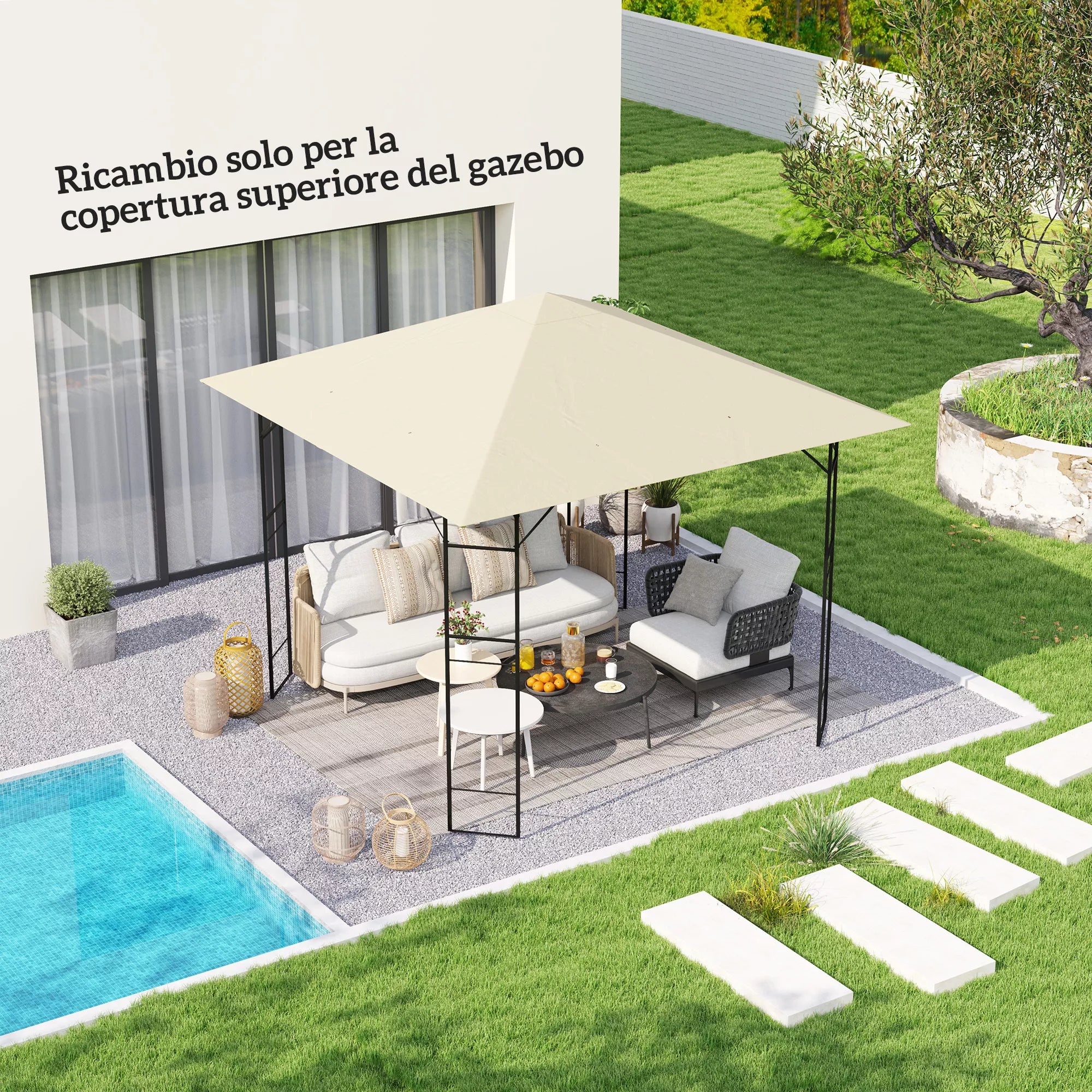 Sodo paviljono stogas 3x3 m su 8 drenažo angomis, pagamintas iš Oxford 600D audinio, kreminės baltos spalvos