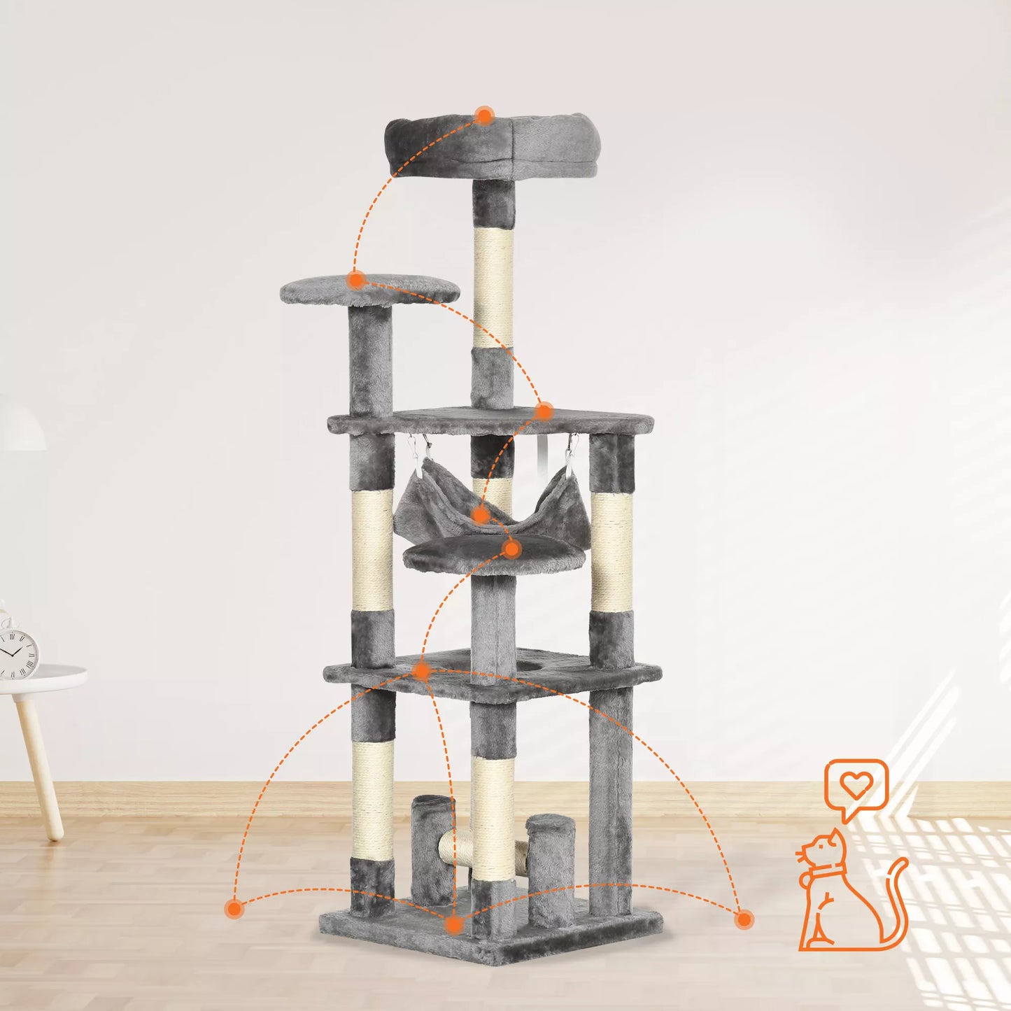 Katės medis Kačių draskyklė Kačių žaidimų bokštelis Kačių laipiojimo medis Draskyklė su hamaku Pilkas I40 x P40 x A132 cm