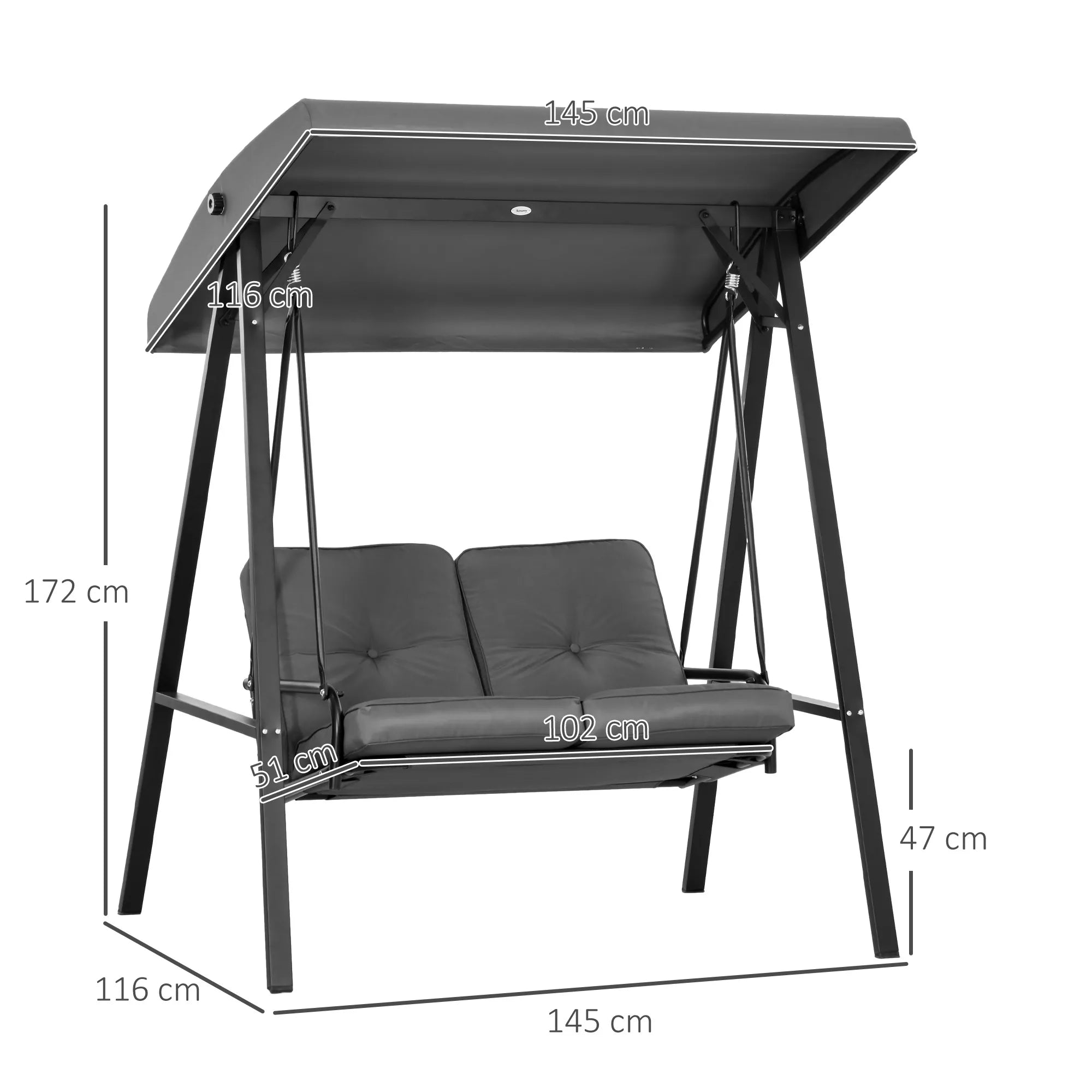 Holivudo sūpynės, 2 vietos sodo sūpynės su reguliuojamu stogu, atlaiko iki 220 kg svorį, 145 x 116 x 172 cm, tamsiai pilkos spalvos