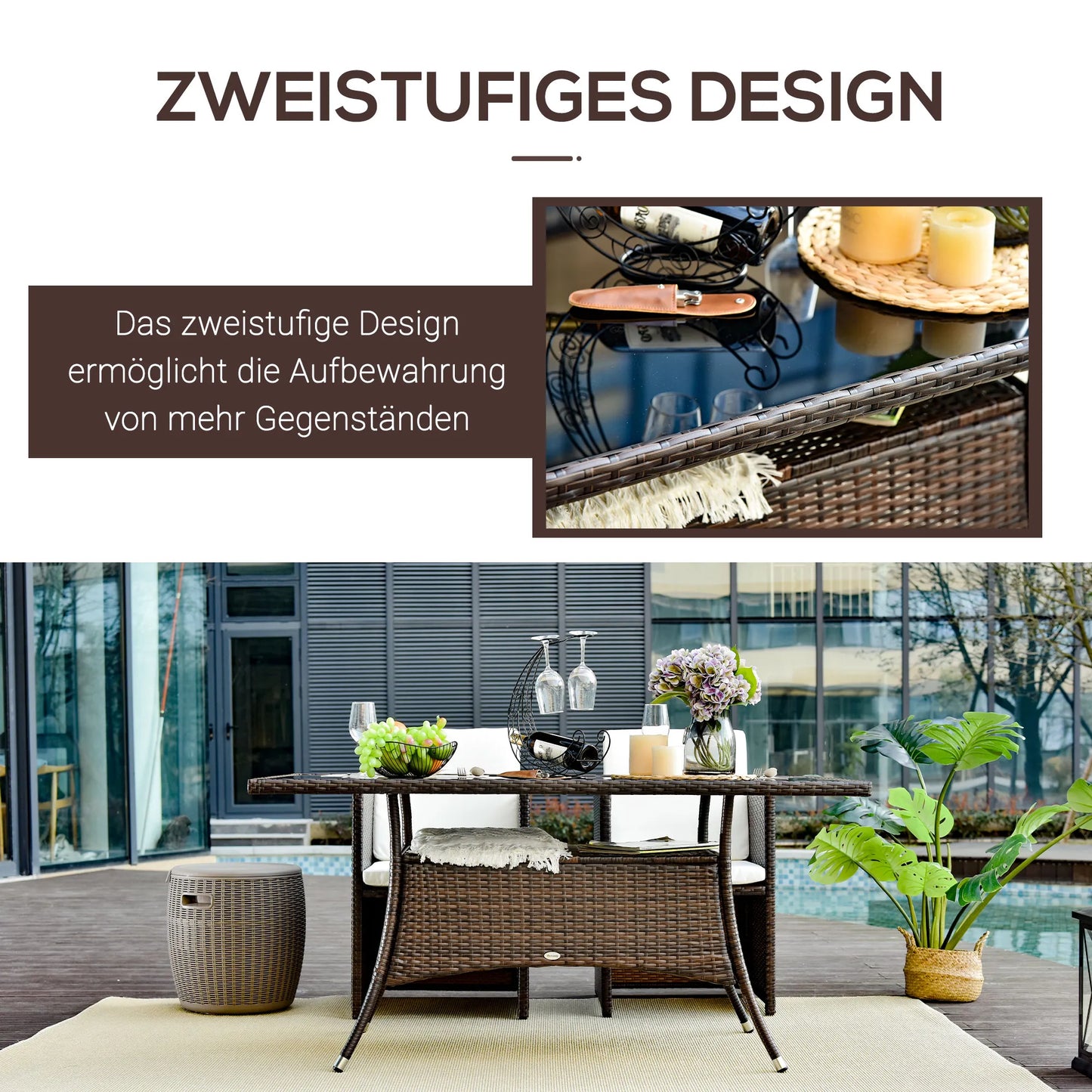 Lauko stalas, stiklinis stalas, valgomasis stalas, lauko baldų stalas, poliratanas + saugus stiklas, rudas + juodas, 150x85x74cm