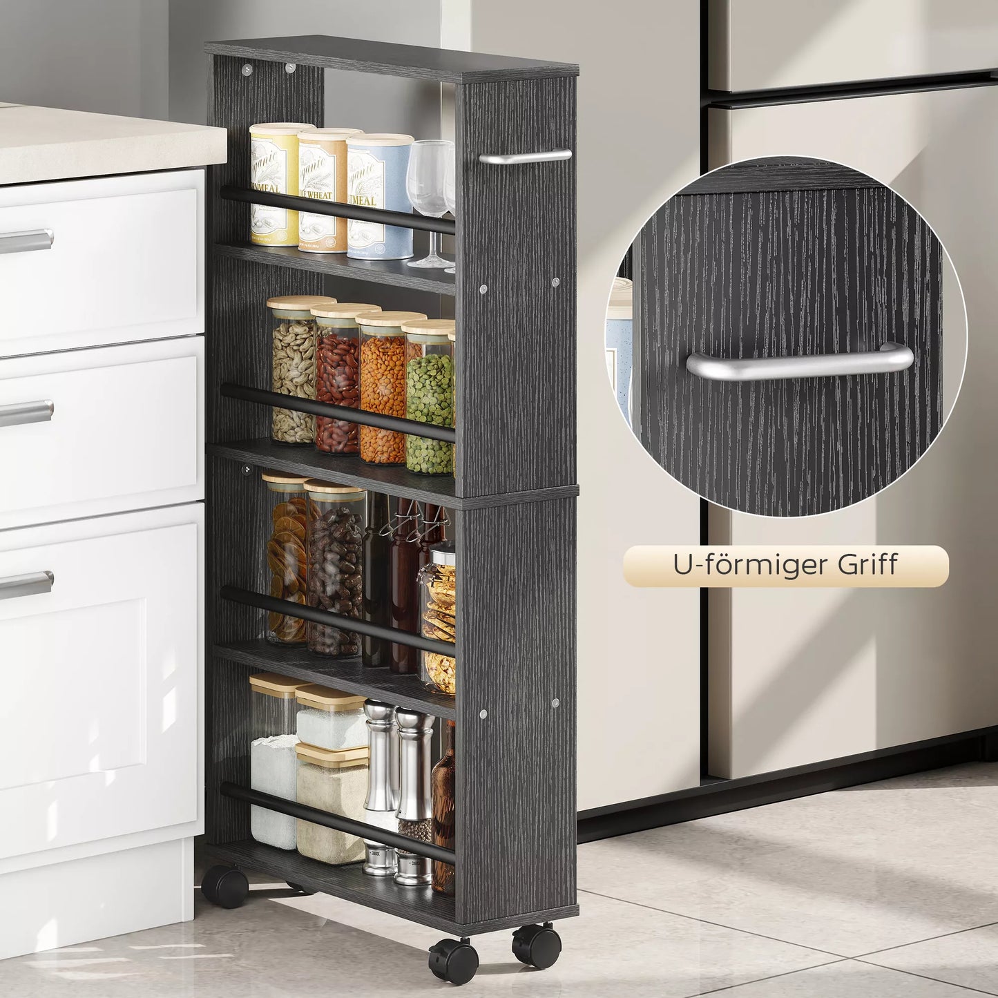 Daugiafunkcinė lentyna su ratukais, siaura konstrukcija, 4 skyriai, 45x15x91 cm, juoda