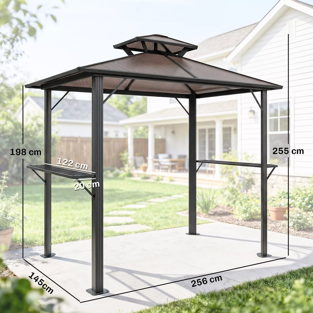 Grillpavillon 2,5 x 1,5 m, vandeniui atsparus grilio stogas su dvigubu polikarbonato stogu, šoninė lentynėlė, ruda spalva