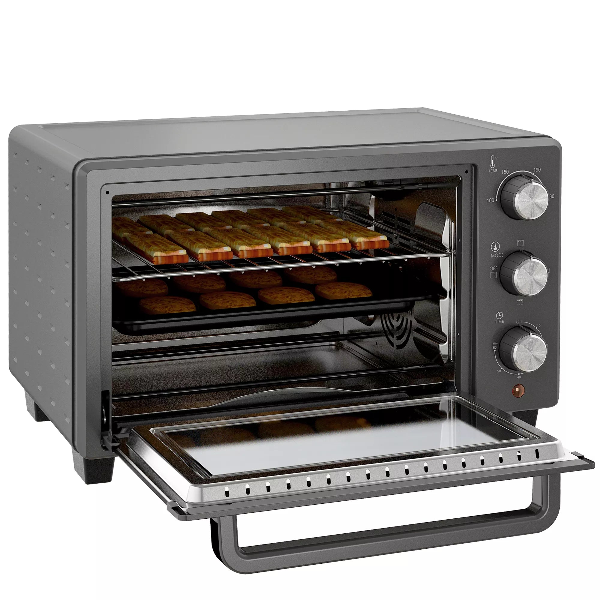 Mini orkaitė, 21 l Tosteris su 1 vieliniu grotelių rėmu ir 1 kepimo skarda, 3 kepimo režimai, 100 °C–230 °C, nerūdijantis plienas, stiklas, pilka spalva