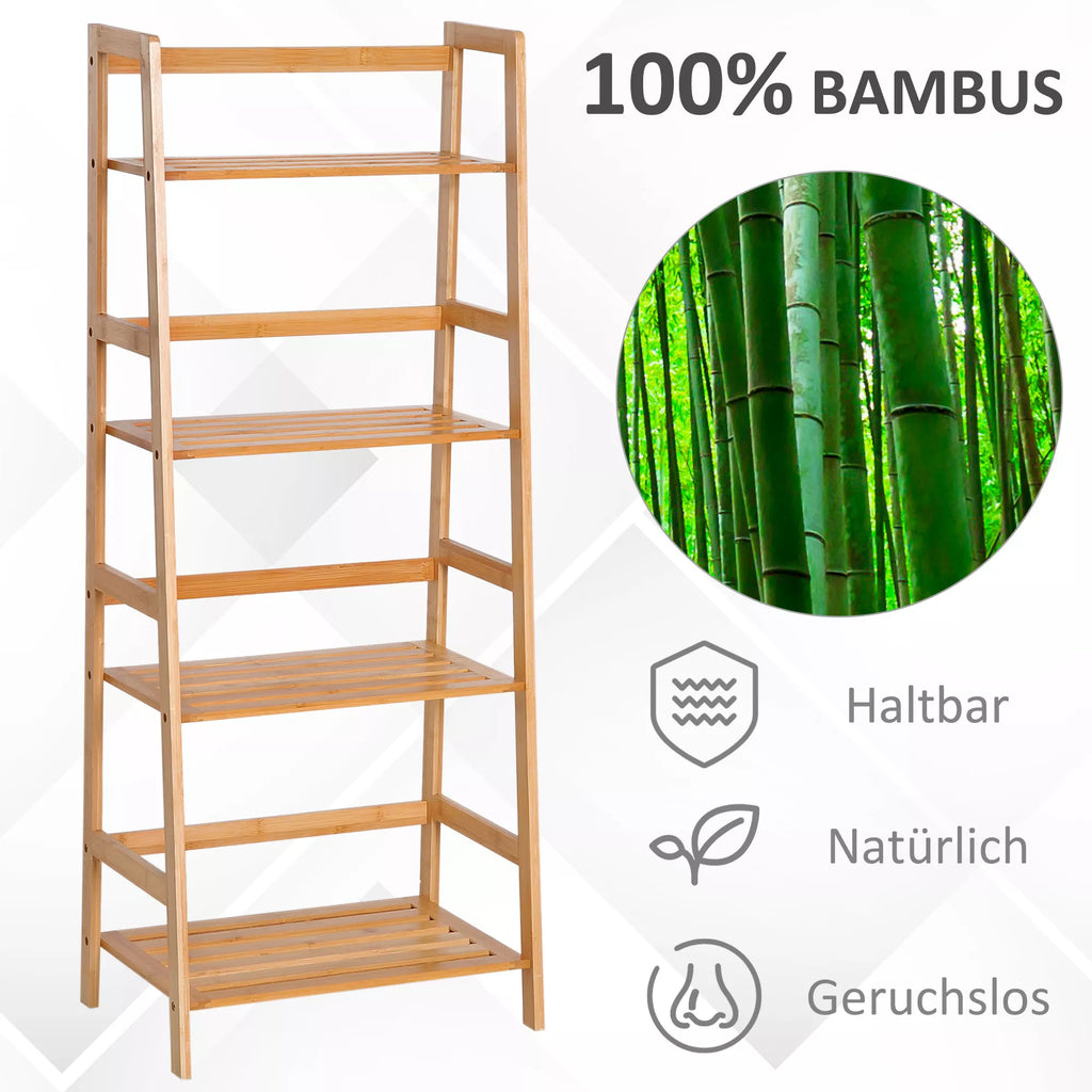Bambukinė knygų lentyna su medžiagos savybių piktogramomis