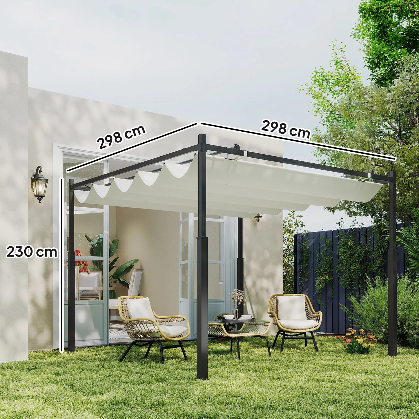 Sodo pergola, 3 x 3 m, ištraukiamas stogas ir magnetinis padas, lauko baldakimas, sodo pavėsinė, UPF30+, metalas, kreminė balta spalva