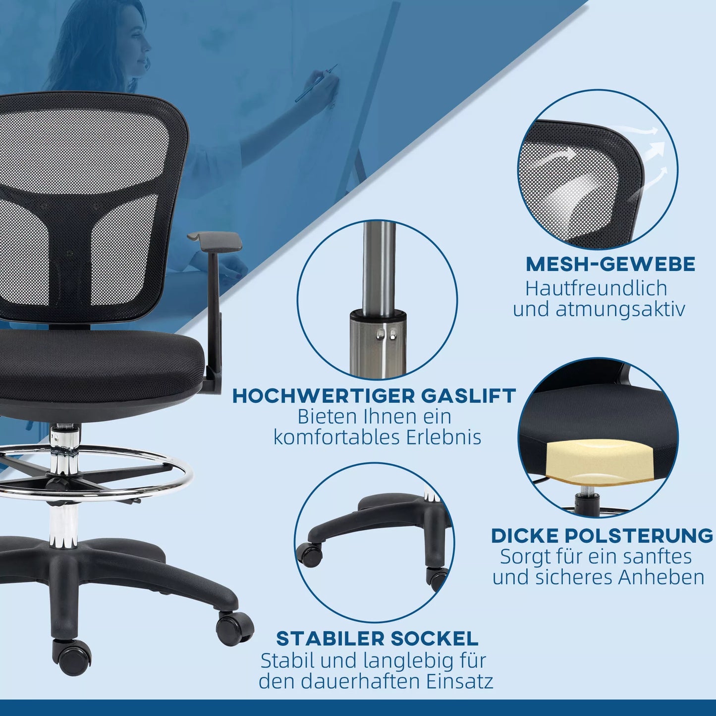 Biuro kėdė, kompiuterio kėdė, su kojų atrama, reguliuojamo aukščio, 59 x 59 x 115 cm, juoda