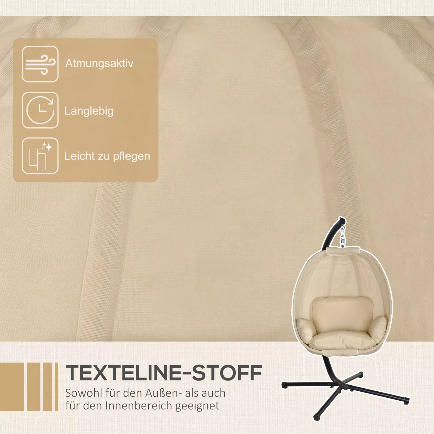 Pakabinama kėdė, kiaušinio formos supama kėdė su minkšta pagalvėle, tinkama naudoti lauke ir viduje, 125I x 95P x 170A cm, chaki