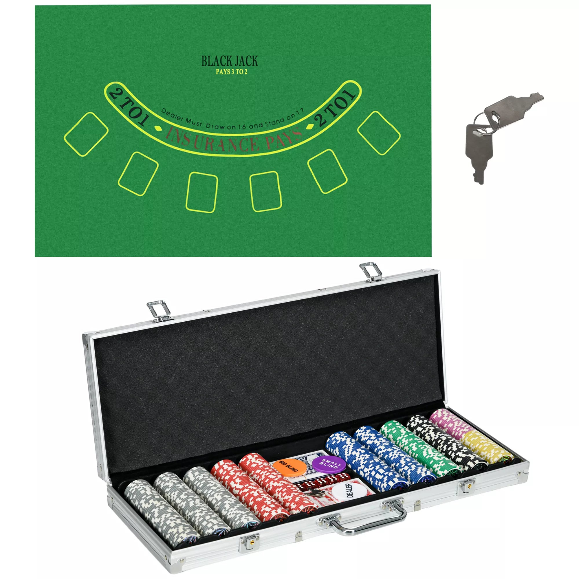 Sidabrinis pokerio lagaminas su žetonais ir žaidimo kilimėliu