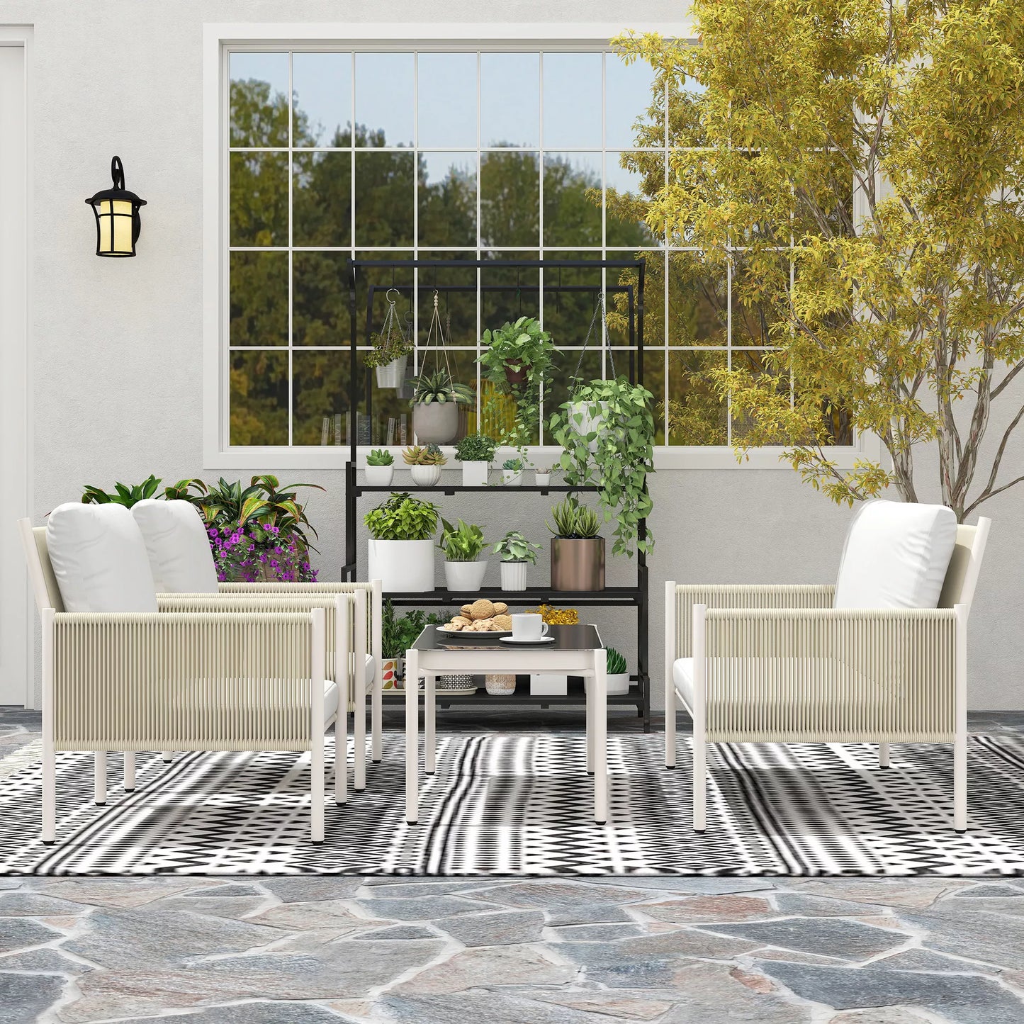 Lauko baldų komplektas iš polirangos, svetainės komplektas su 2 vietų sofa, foteliu, stikliniu staliuku, pagalvėlėmis, 4 žmonėms, ruda+pilka