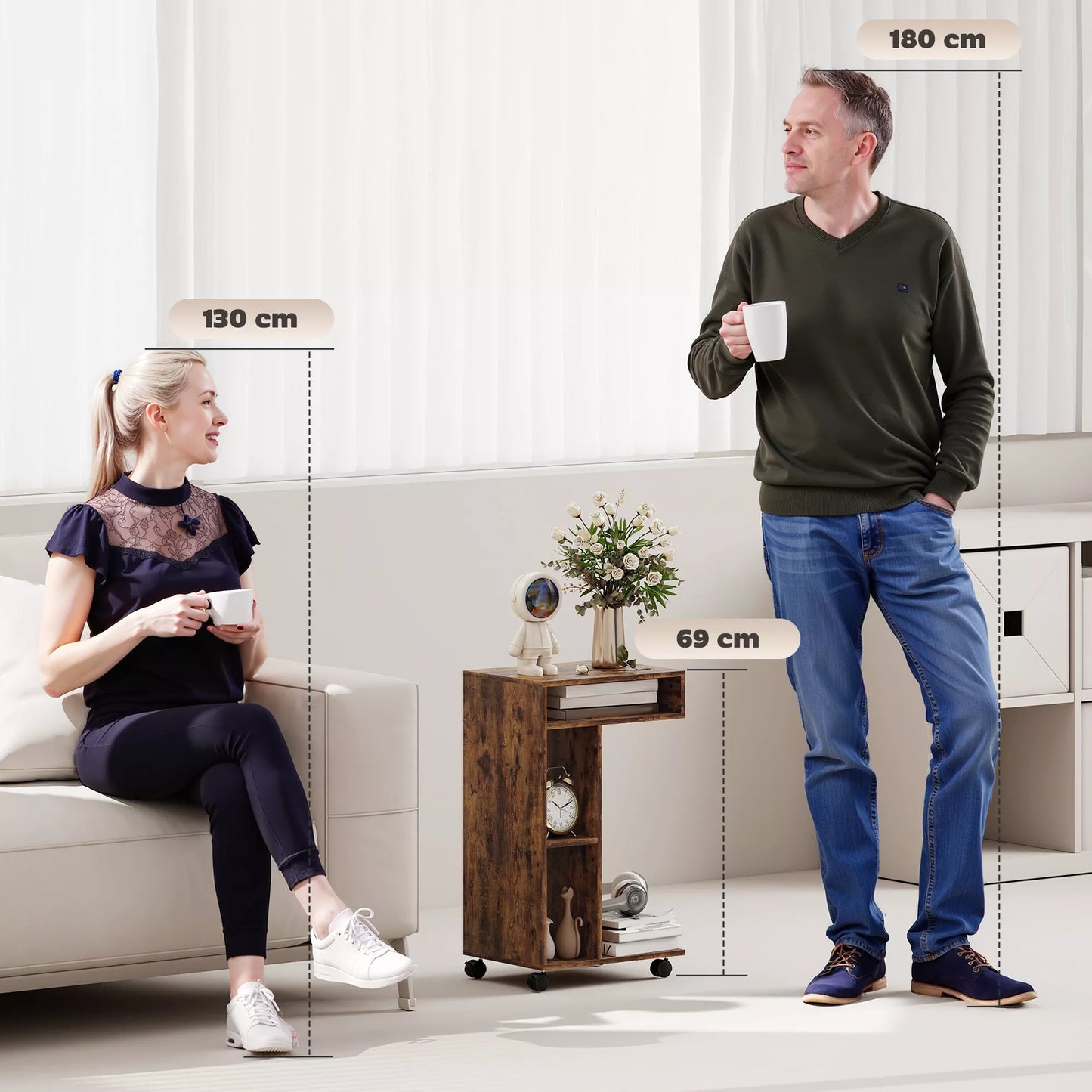 Stalinis staliukas, C formos serviravimo vežimėlis, 4 ratukai, 3 lentynos, 40 x 30 x 69 cm, Rusty-Brown