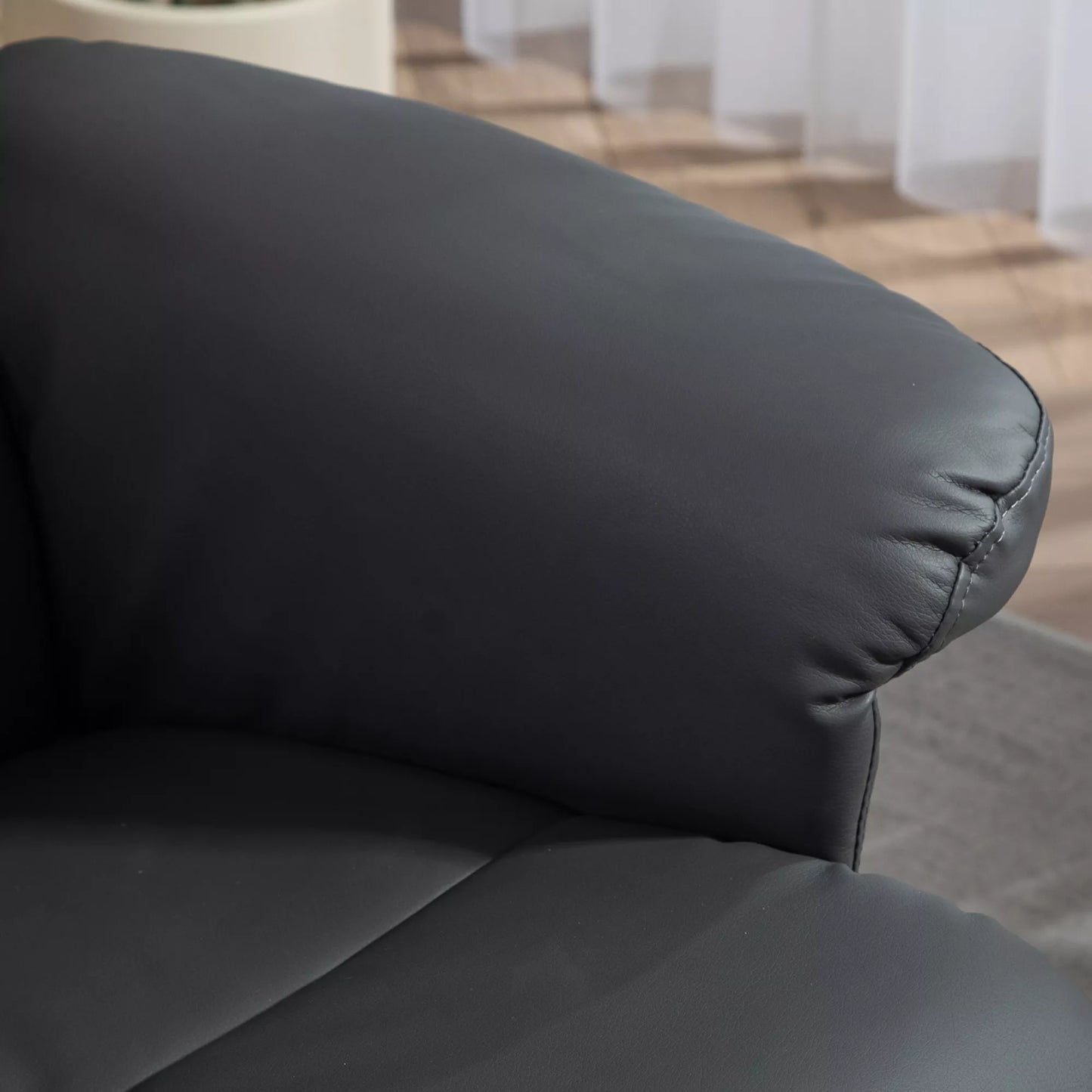 Relaksuojantis fotelis su pakoja, 145° atlošiamu atlošu, 360° pasukamas, dirbtinė oda, tamsiai pilka