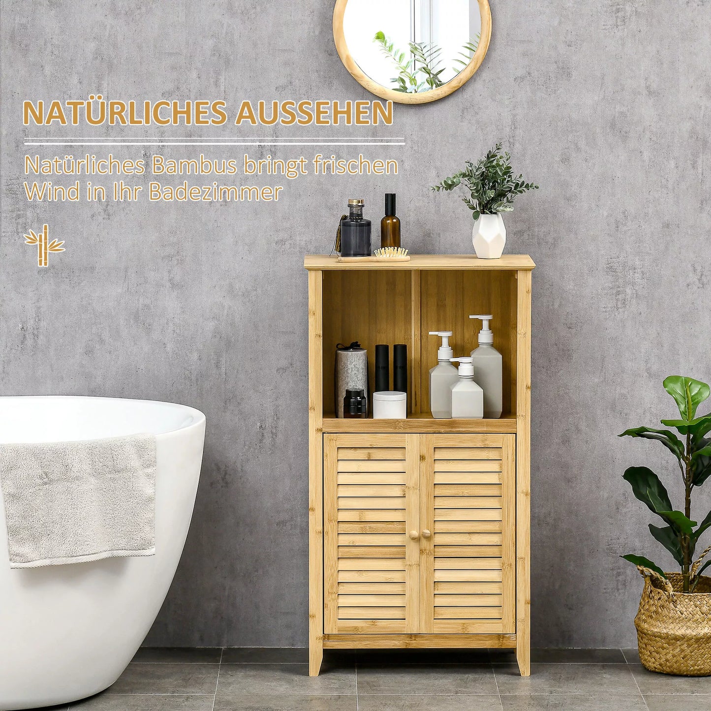 Vonios spintelė pastatoma lentyna su 2 žaliuzi durelėmis, atvira lentyna, bambukas, laikymo spintelė voniai, svetainei 50 x 25,5 x 92cm natūrali