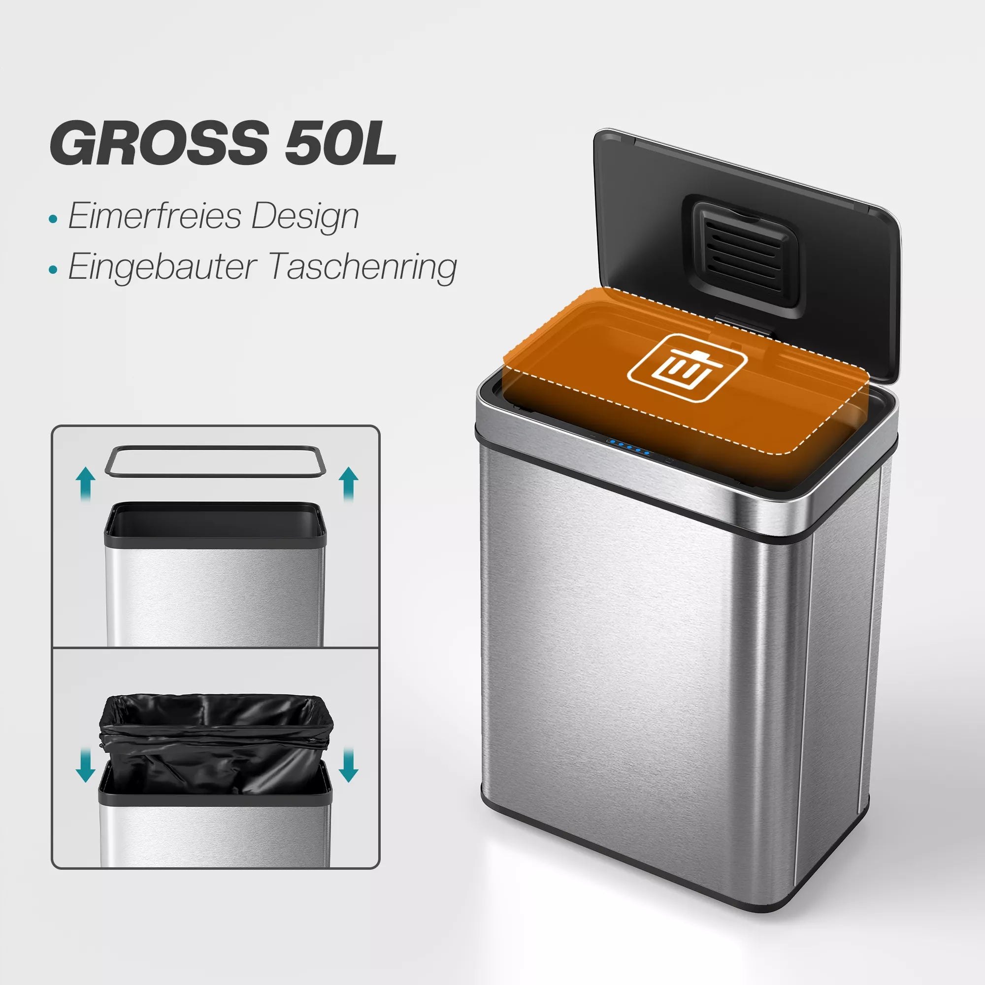 50 l talpos šiukšliadėžė su jutikliu, automatinis dangtis, nerūdijantis plienas, universali, sidabrinė spalva