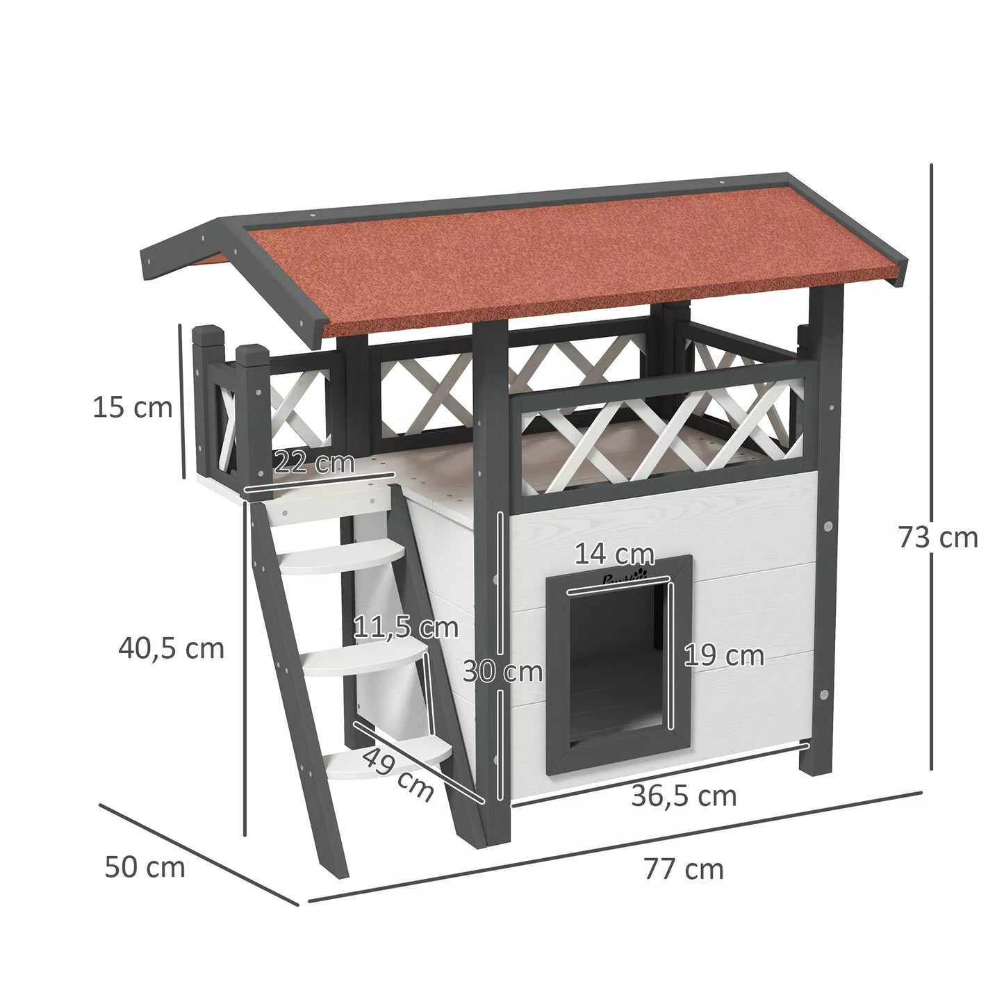 Katės namelis Katės būdelė Gyvūno namelis, Asfaltu dengtas stogas, 2 lygiai, 1 kopėtėlės, Balta+Raudona