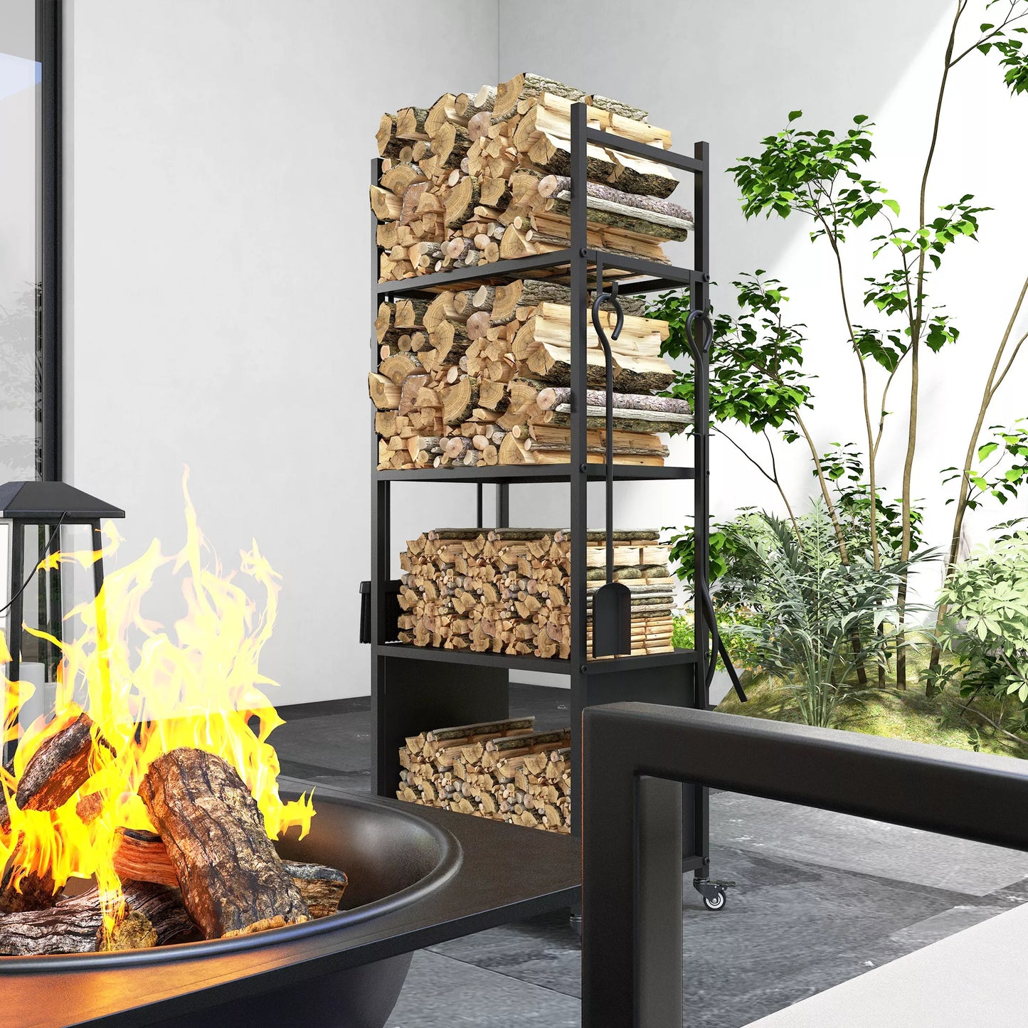 4 pakopų malkų laikiklis su ratukais ir 4 įrankiais, metalinis malkų laikiklis vidaus ir lauko reikmėms, juodas