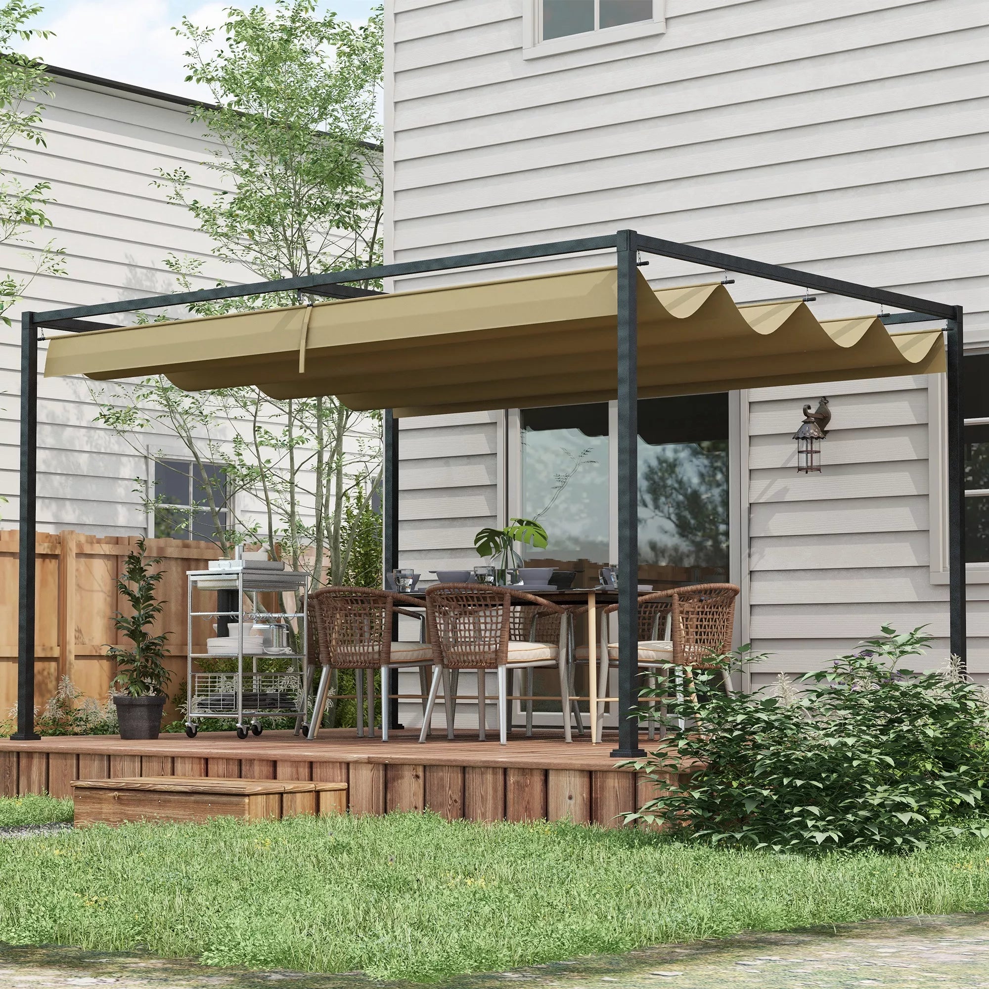 Pergola, tvirta saulės apsauga sodui, balkonui, terasai, pagaminta iš metalo ir plastiko, atspari UV spinduliams ir vandeniui, chaki spalvos