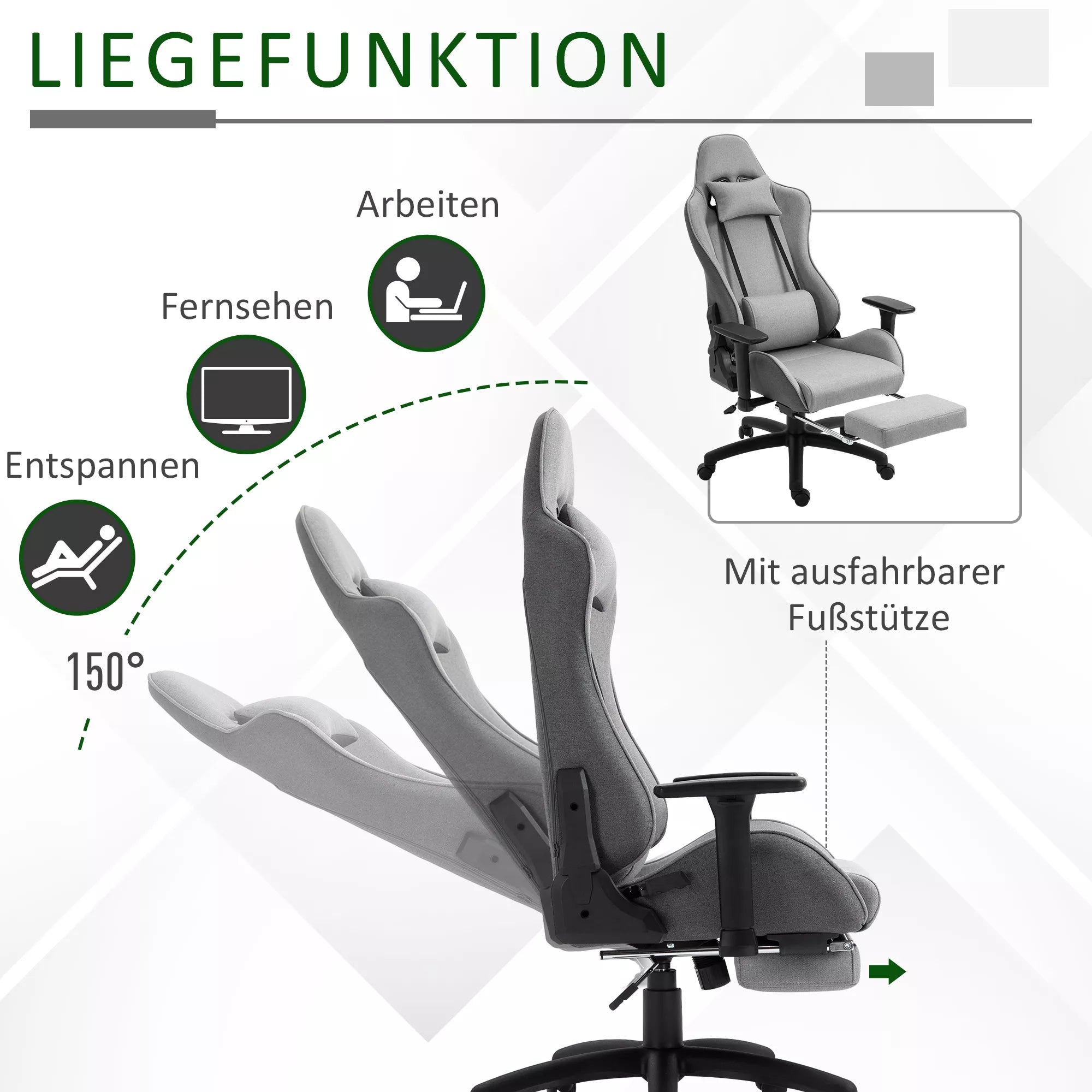 Infografika su pilkos žaidimų kėdės gulėjimo funkcija: 150° atlošas ir išstumiama kojų atrama
