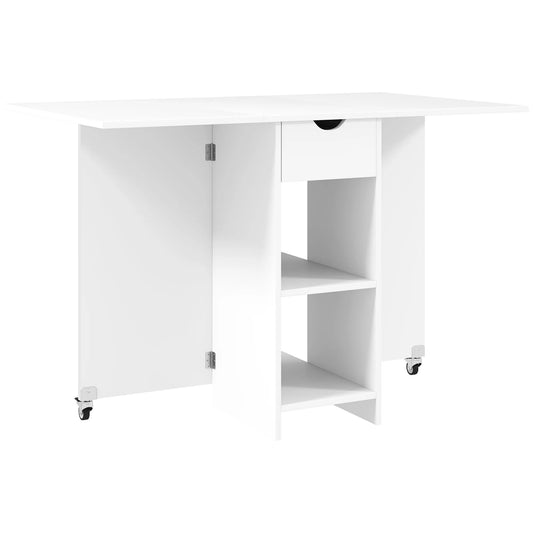 Sulankstomas valgomojo stalas 2-4 asmenims, sulankstomas virtuvės stalas su daiktadėže, prailginamas stalas su ratukais, baltas